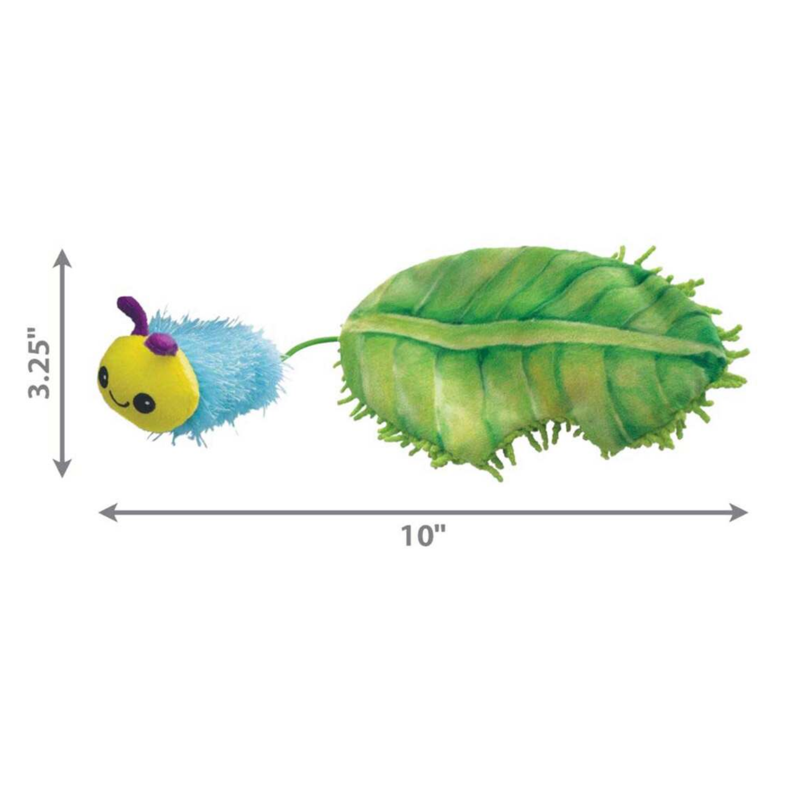 KONG Flingaroo Caterpillar cat toy shown on a white background with size measurements. The caterpillar and leaf toy measures approximately 10 inches long and 3.25 inches tall, connected by an elastic stem.