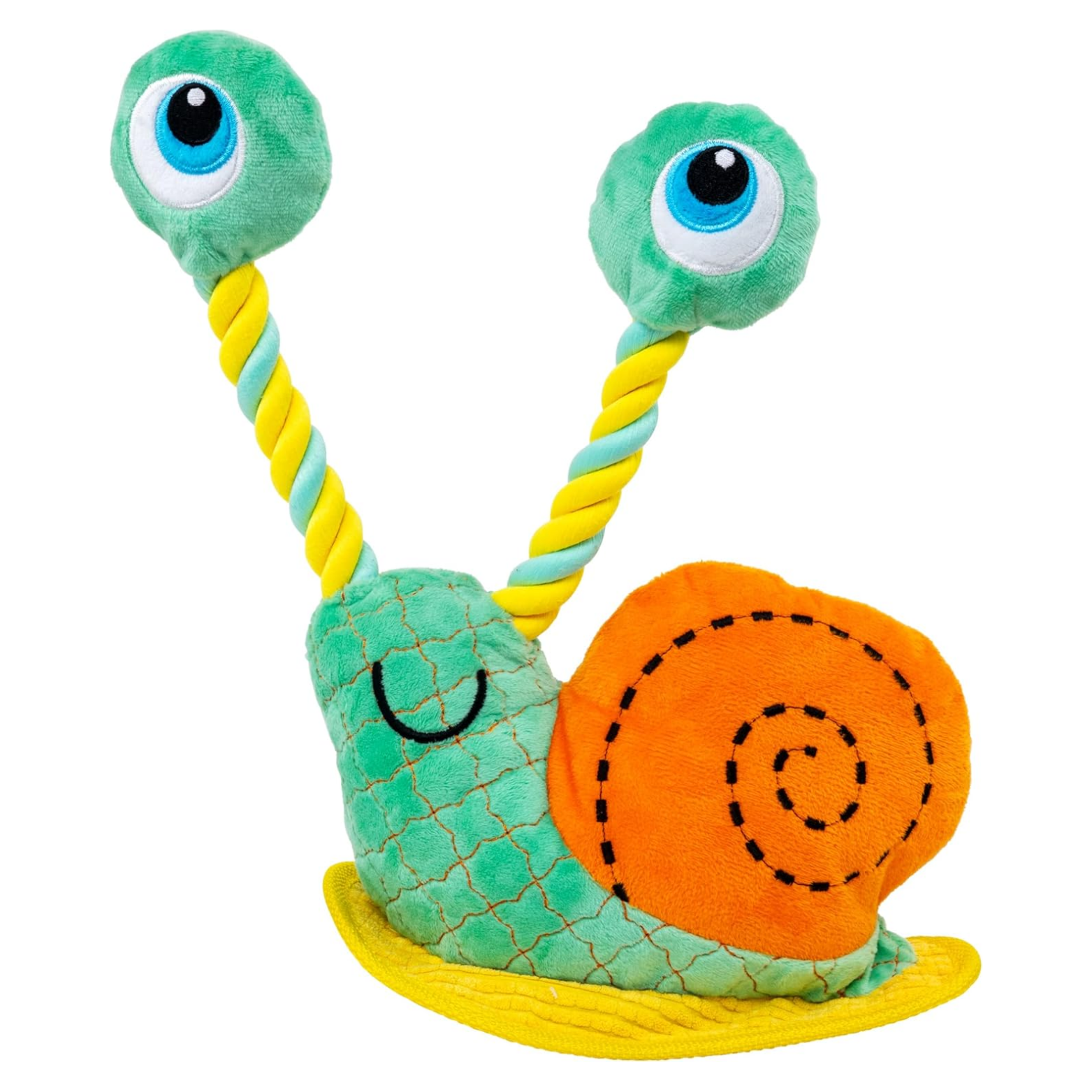 KONG Bendeez snail plush dog toy with a green textured body, orange spiral shell, yellow underside, and long bendable eyestalks made of twisted yellow and teal rope.