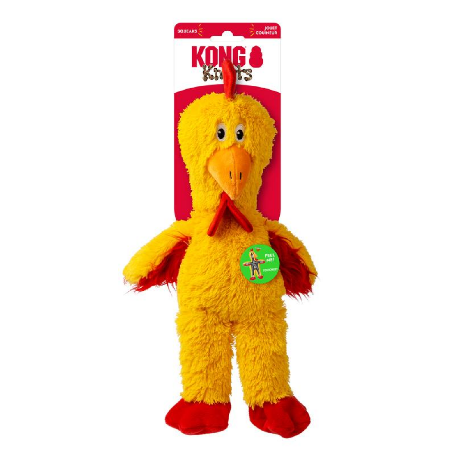 Yellow plush chicken dog toy displayed upright in KONG Knots packaging, featuring long dangling legs, red feet, red wings, orange beak, and a green tag indicating a squeezable toy.