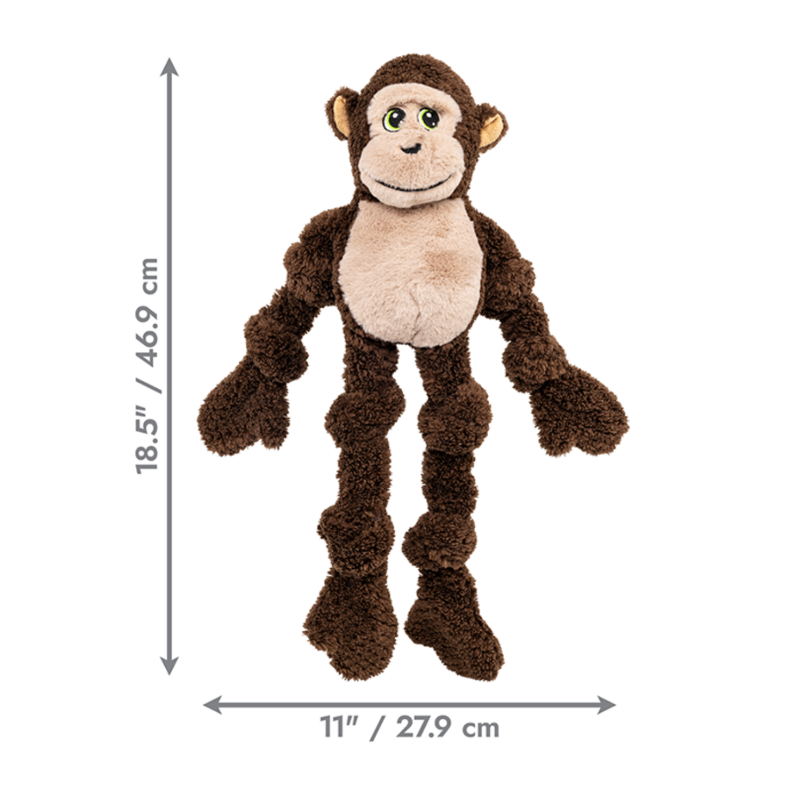 Plush brown monkey dog toy with extended arms and legs and a beige face and belly, shown on a white background with measurement arrows indicating approximately 18.5 inches (46.9 cm) tall and 11 inches (27.9 cm) wide.