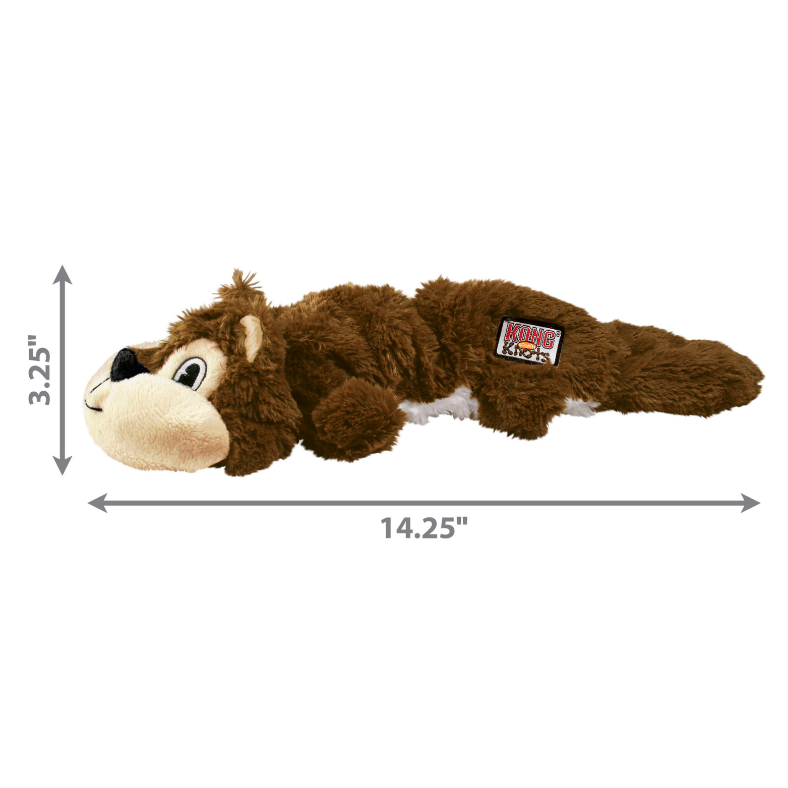 Brown plush squirrel dog toy shown with dimensions labeled, measuring approximately 14.25 inches long and 3.25 inches tall, displayed horizontally on a white background.
