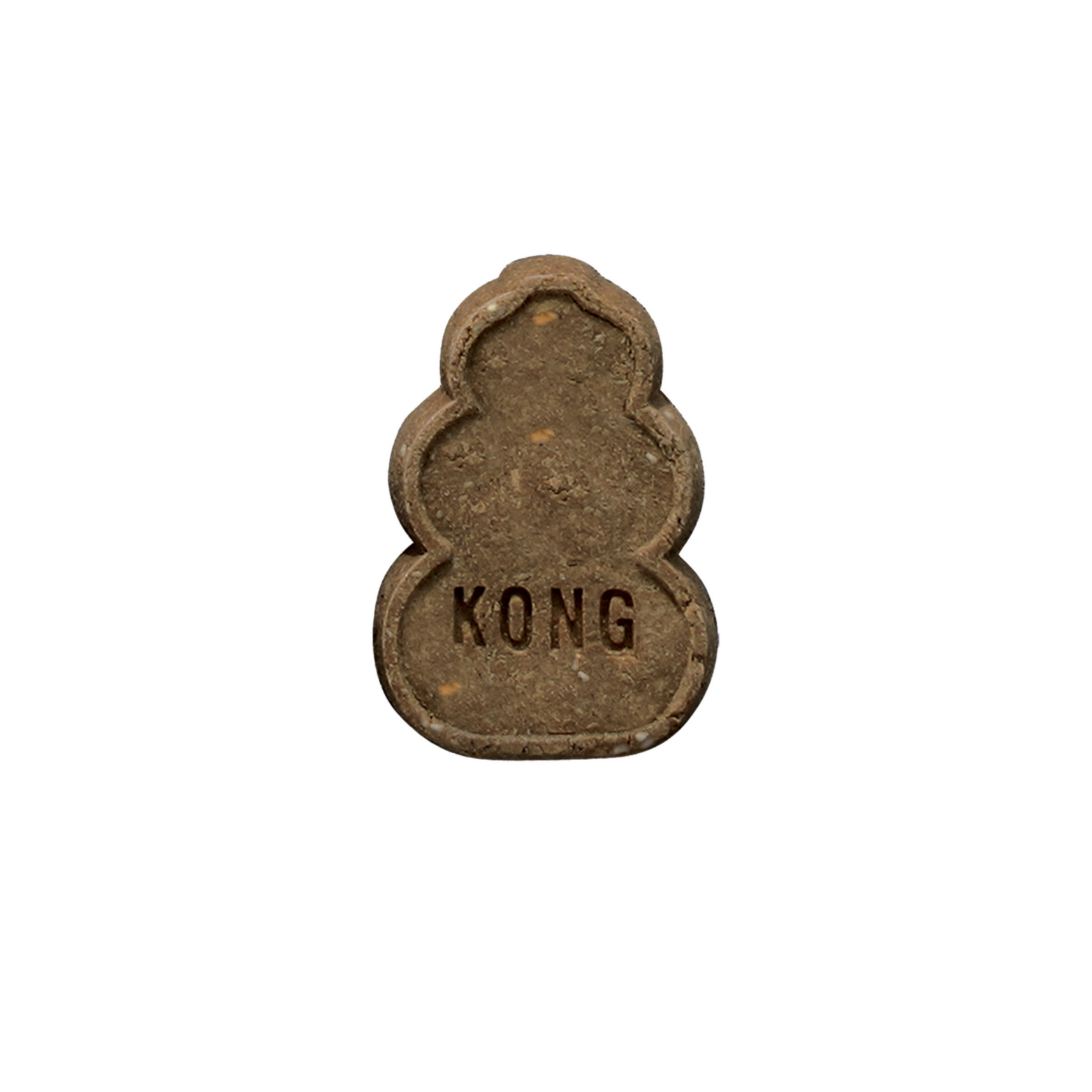 Single KONG-shaped dog treat in brown, embossed with the word “KONG,” shown on a white background.