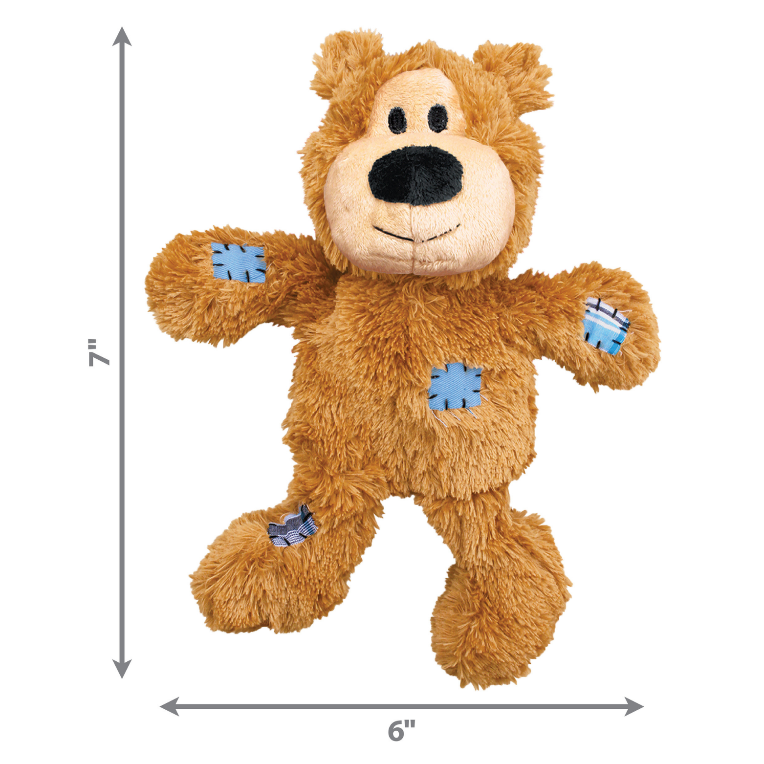 Light brown plush bear dog toy with blue stitched patch accents, displayed with size dimensions labeled approximately 7 inches tall and 6 inches wide.