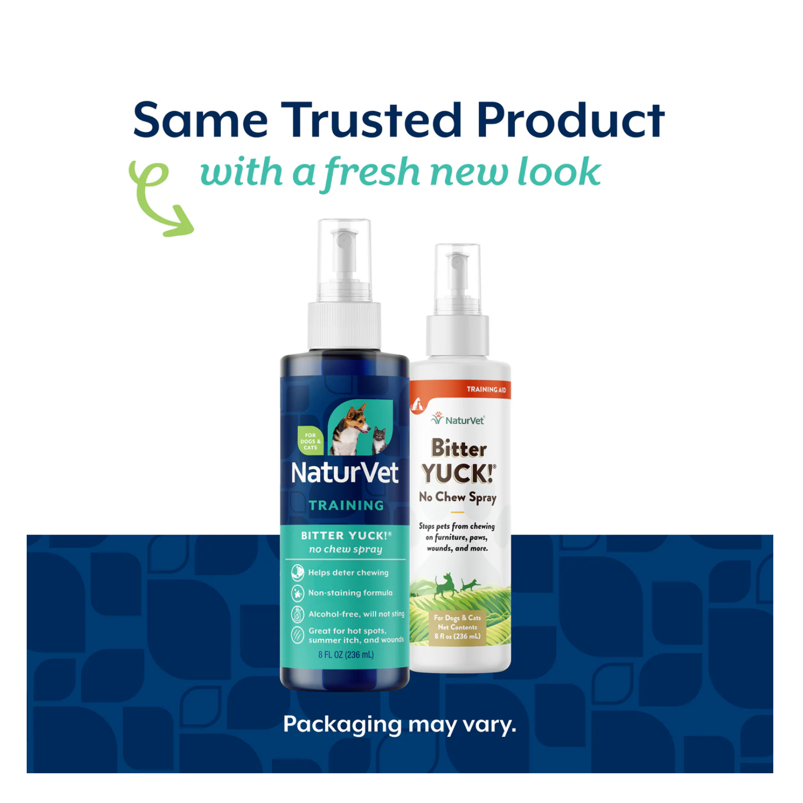 Side-by-side image showing the updated blue NaturVet Bitter YUCK! No Chew Spray bottle next to the previous white-labeled version, with text reading “Same Trusted Product with a fresh new look” and “Packaging may vary.”