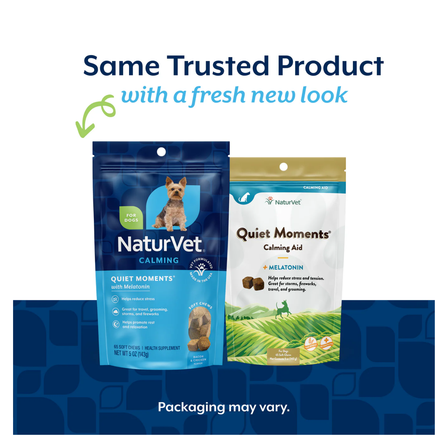Side-by-side comparison of two Quiet Moments dog supplement packages showing an older design and a newer blue design, with text indicating the same trusted product and that packaging may vary.
