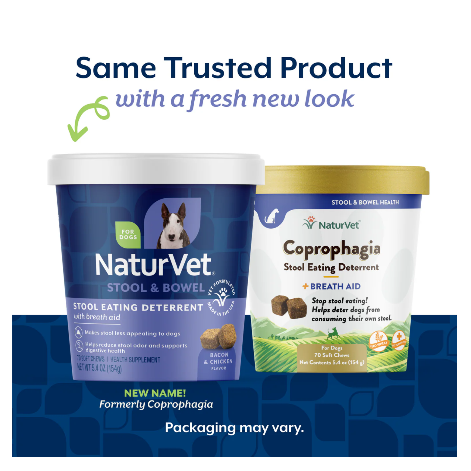NaturVet Stool & Bowel Stool Eating Deterrent container shown next to previous packaging, with text reading “Same Trusted Product with a fresh new look.” Both packages contain soft chew supplements for dogs.