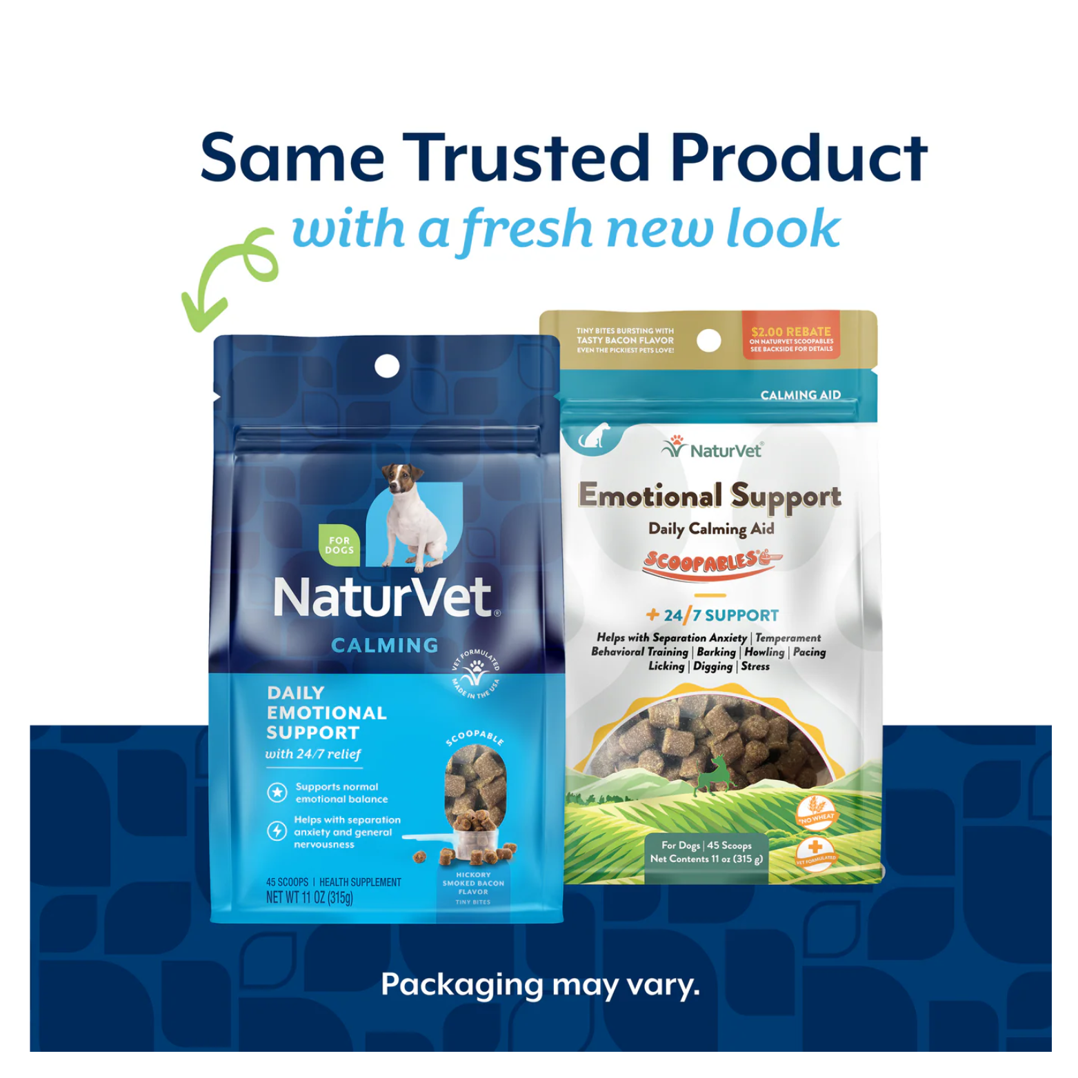 Side-by-side comparison showing old and new NaturVet Emotional Support Scoopables packaging with the text “Same trusted product with a fresh new look” and “Packaging may vary.”