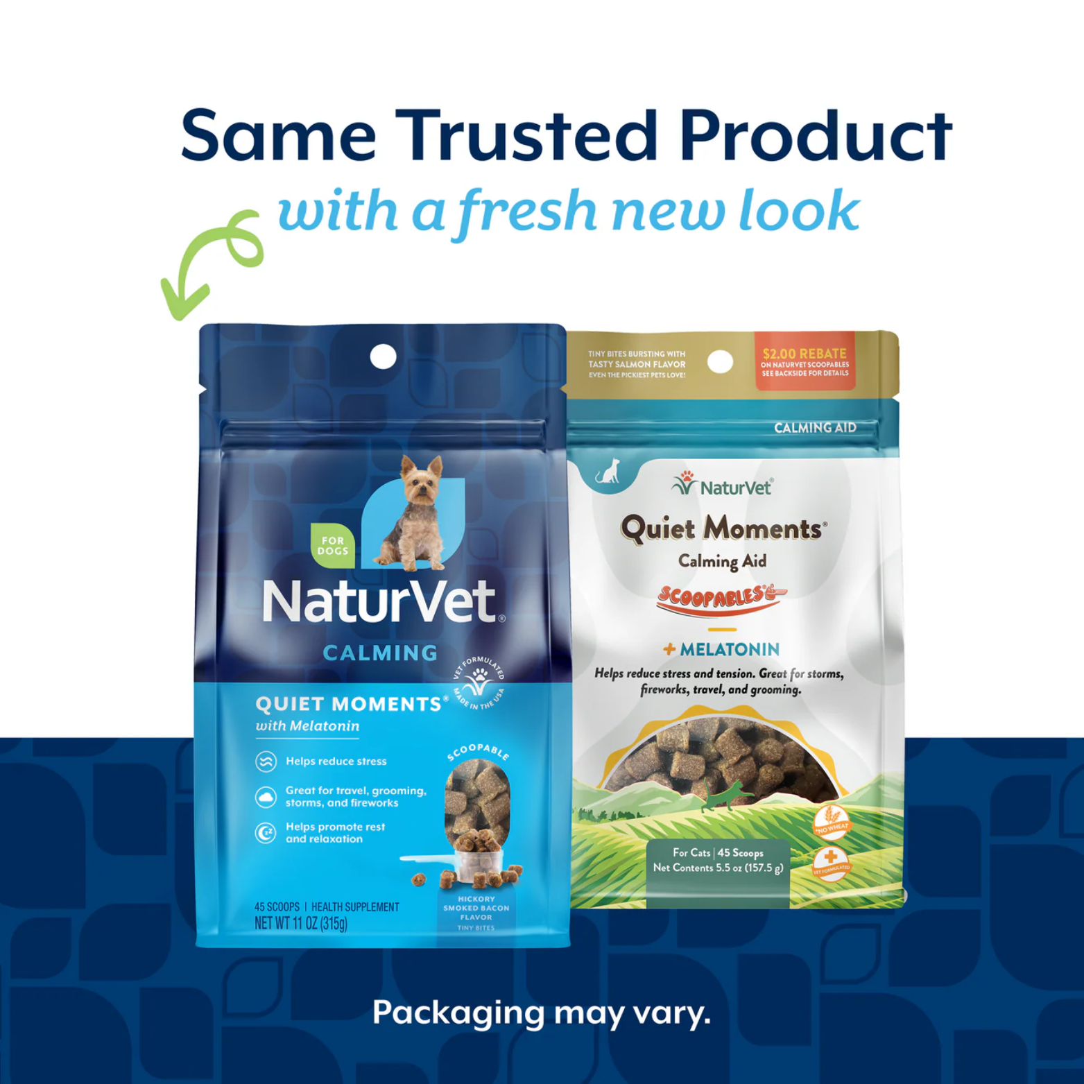Side-by-side comparison of NaturVet Quiet Moments packaging showing the new blue design next to the previous green and white package, with text reading “Same Trusted Product with a fresh new look” and “Packaging may vary.”