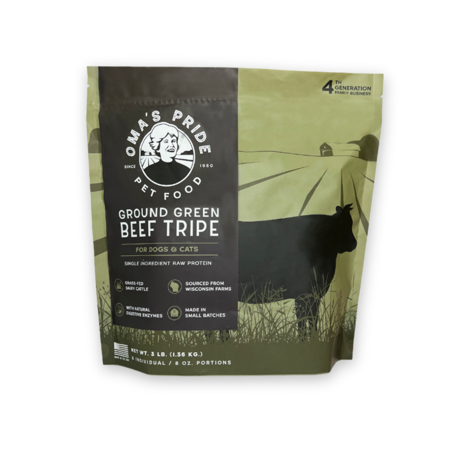 A close-up of the Oma’s Pride “Ground Green Beef Tripe” bag showing the product name, farm landscape illustration with a cow silhouette, and branding details on a green background.