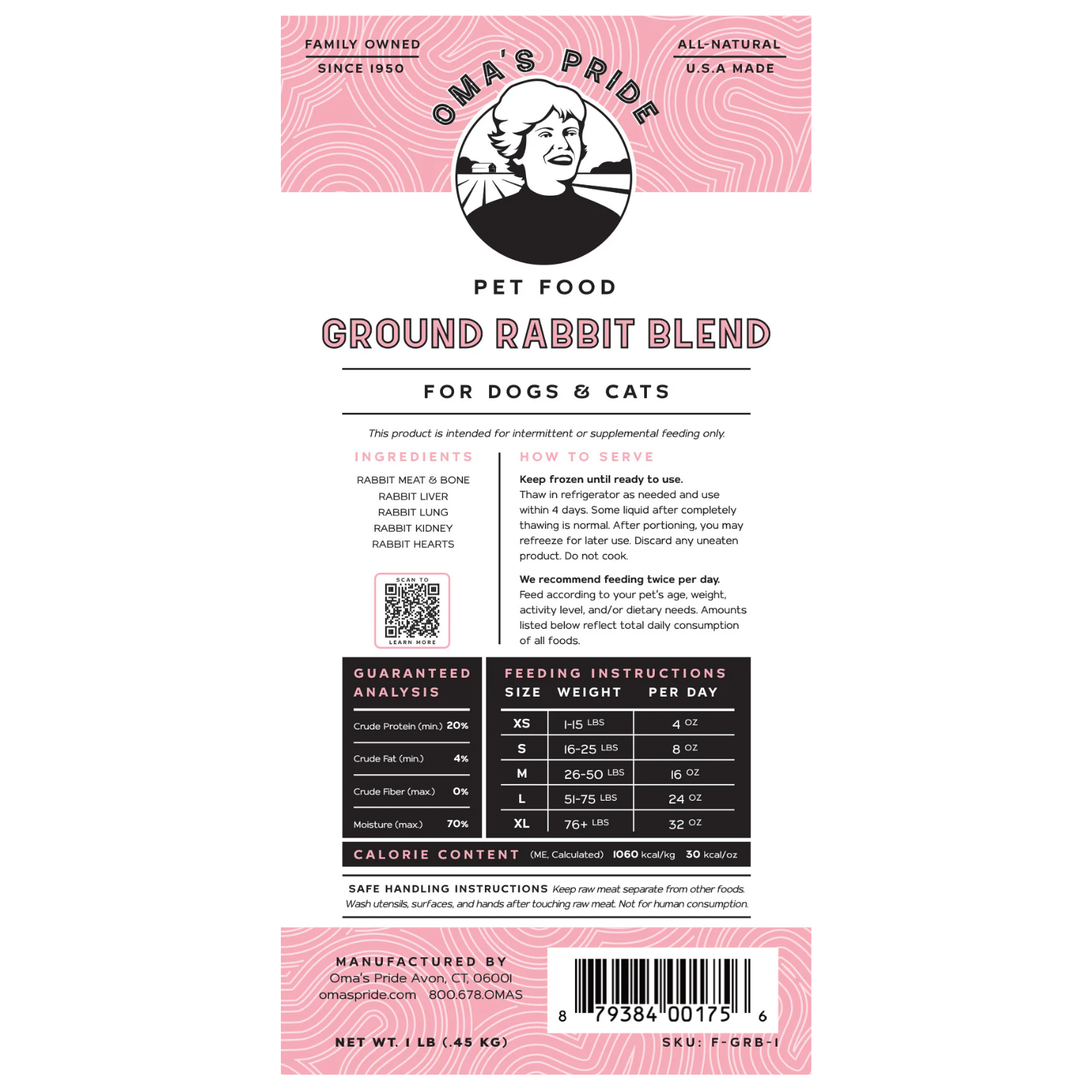 Product label for Oma’s Pride Ground Rabbit Blend pet food showing ingredients (rabbit meat and bone, liver, lung, kidney, hearts), feeding instructions by pet size, guaranteed analysis, calorie content, and safe handling information on a pink patterned background.