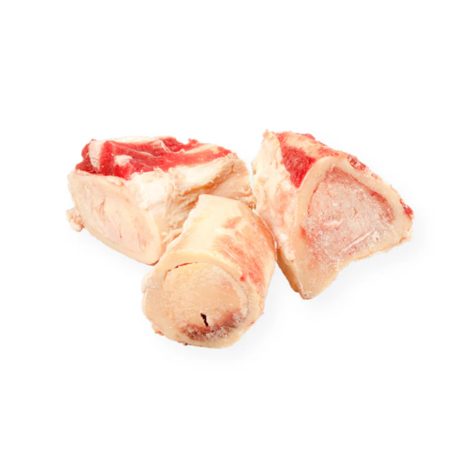 Three raw frozen beef marrow bone pieces grouped together on a white background, displaying cross-sections of marrow inside the bones with visible red meat and fat.