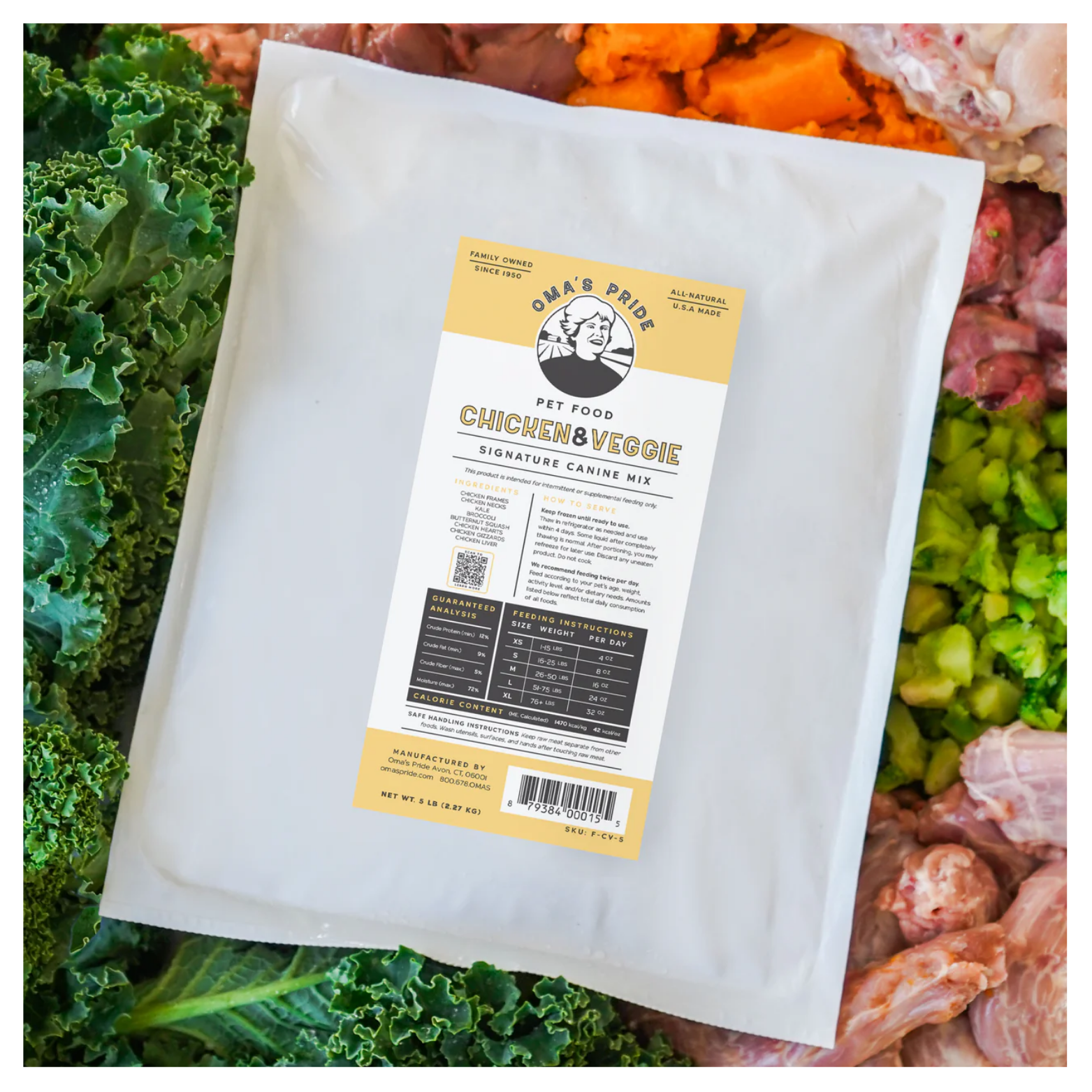 A sealed bag of Oma’s Pride Chicken & Veggie Signature Canine Mix placed on a colorful background of fresh vegetables and raw chicken ingredients.