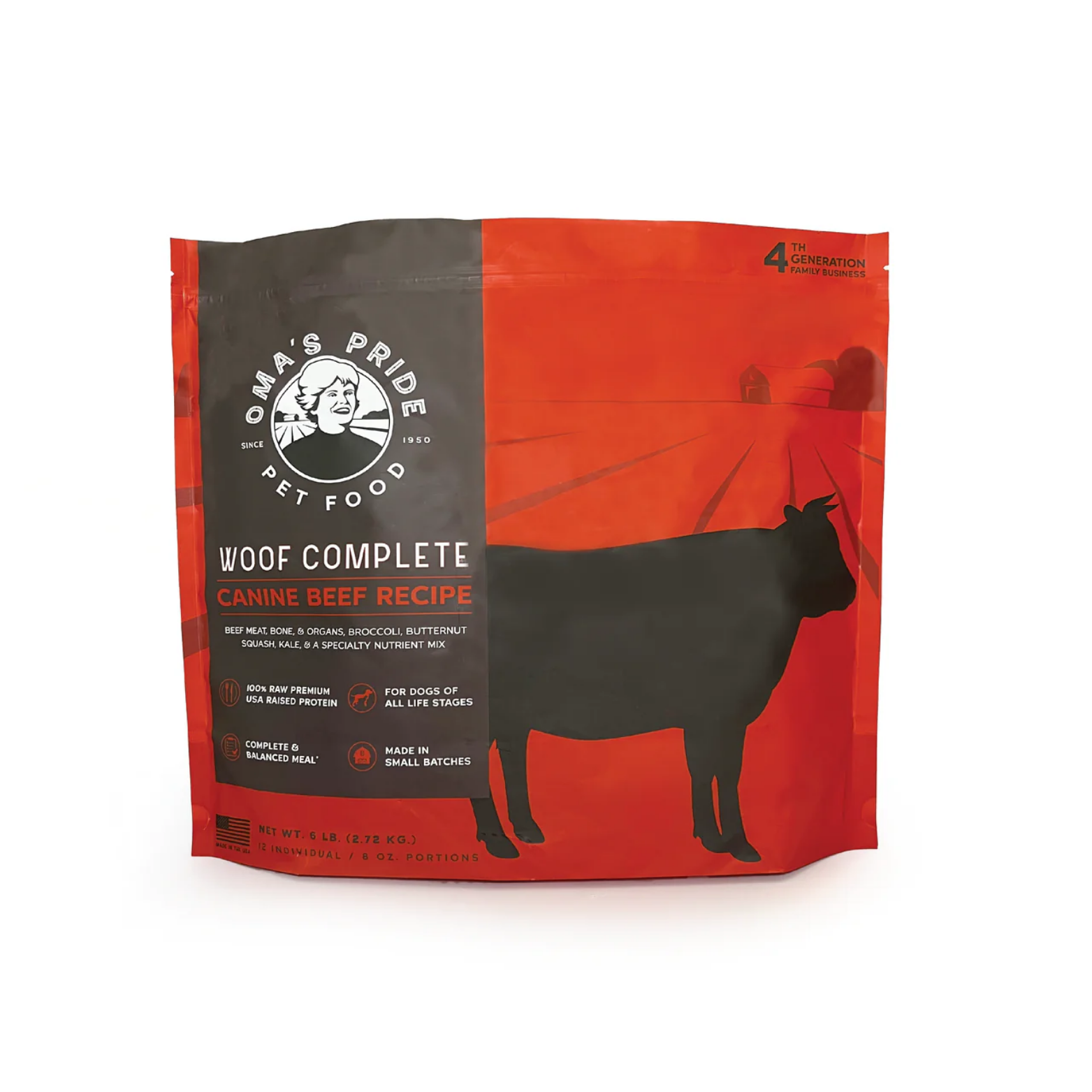 Front view of an Oma’s Pride Woof Complete Canine Beef Recipe bag in red and black packaging with a silhouette of a cow and product details printed on the front.