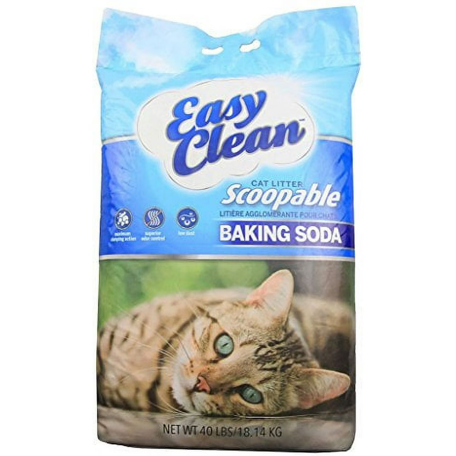 Front of a blue “Easy Clean” scoopable cat litter bag labeled “Baking Soda,” featuring icons for strong clumping and odor control, a photo of a tabby cat lying down, and text reading “Net Wt. 40 lbs / 18.14 kg.”