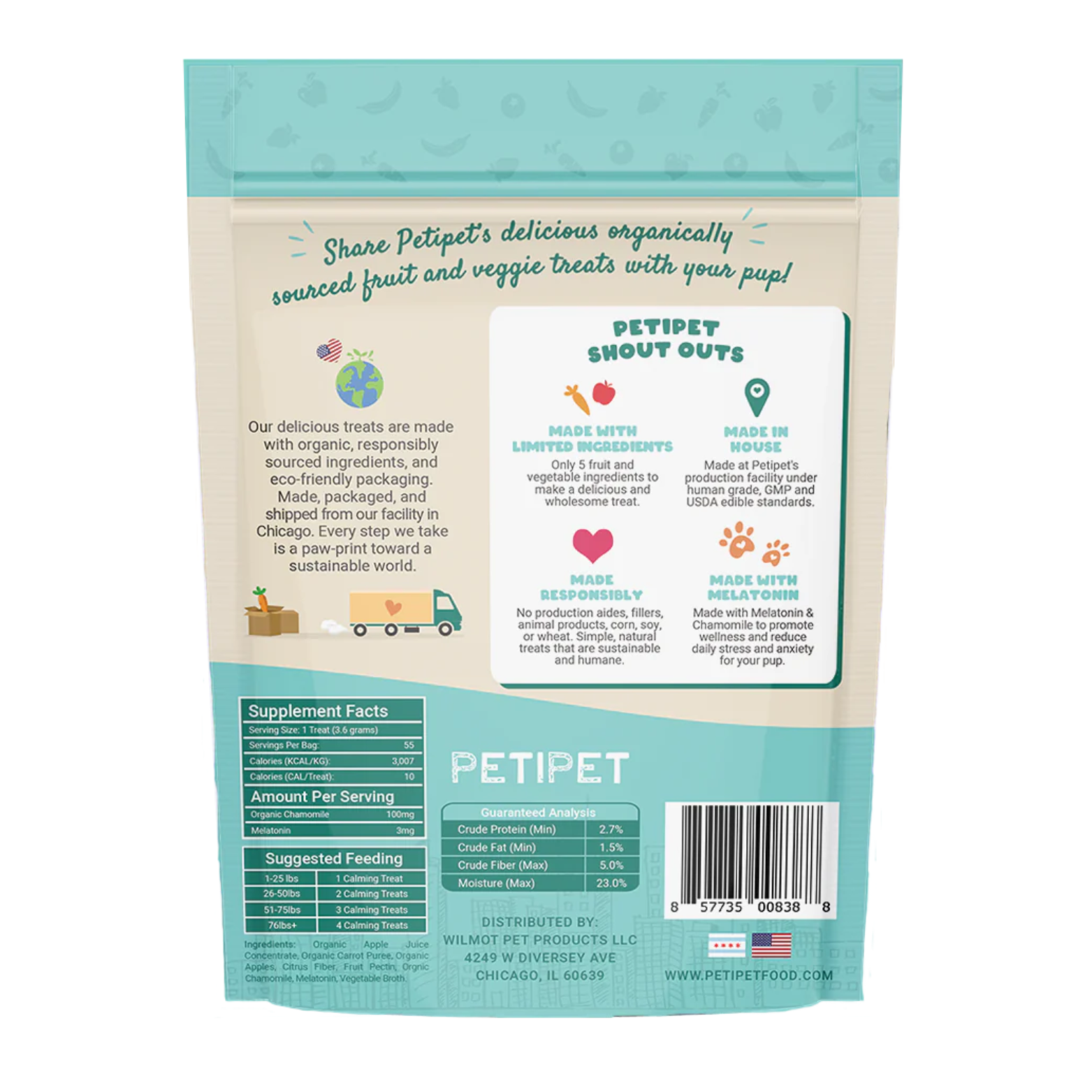 Petipet Calming Bites with Melatonin + Chamomile Apple & Carrot Flavored Soft Chew Calming Supplement for Dogs, 7-oz bag