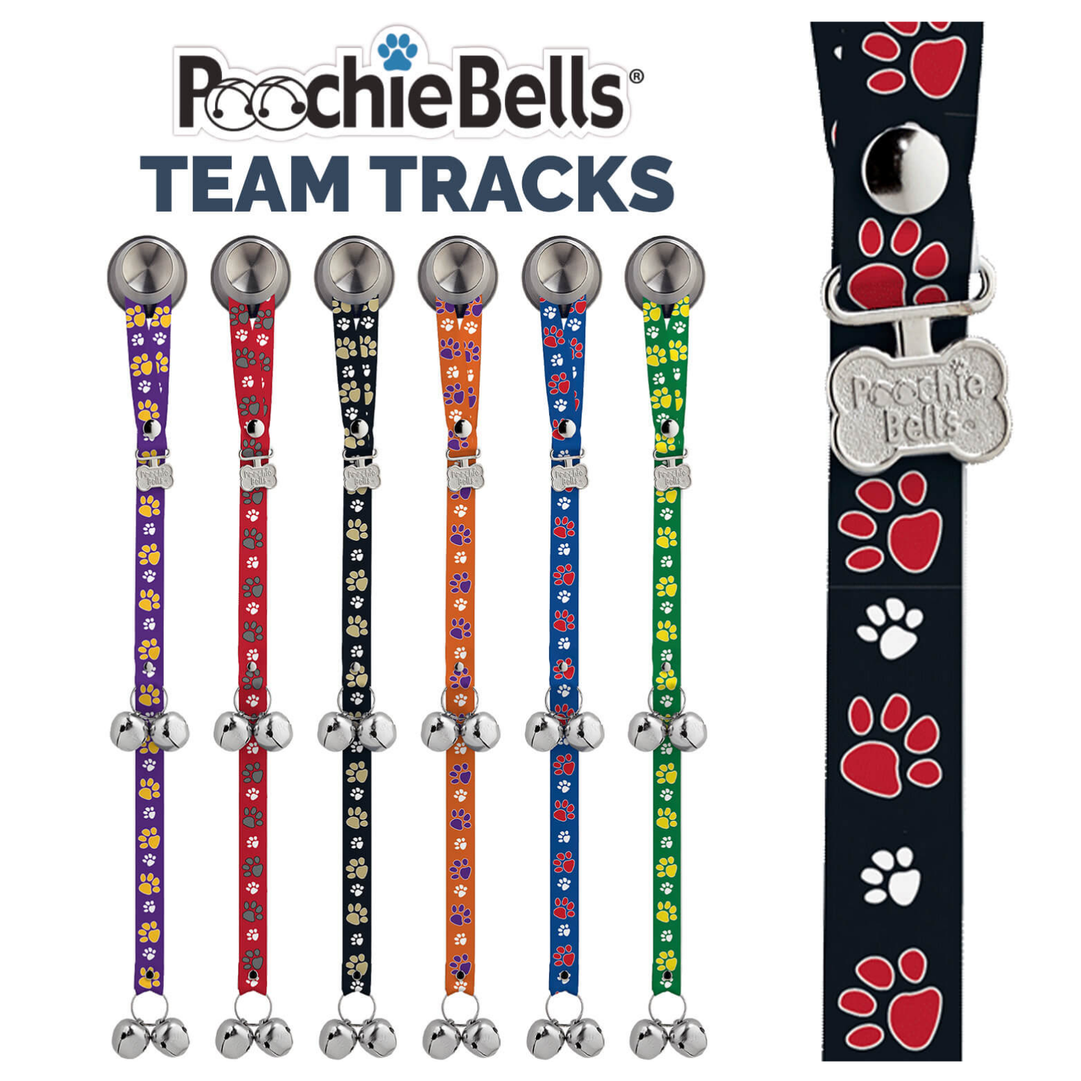 oochieBells Team Tracks dog doorbells displayed in multiple color options with paw print patterns, including purple, red, black, orange, blue, and green. Each strap has a silver push-button at the top and jingle bells at the bottom. A close-up on the right shows the black strap with red and white paw prints and a silver PoochieBells bone-shaped tag.