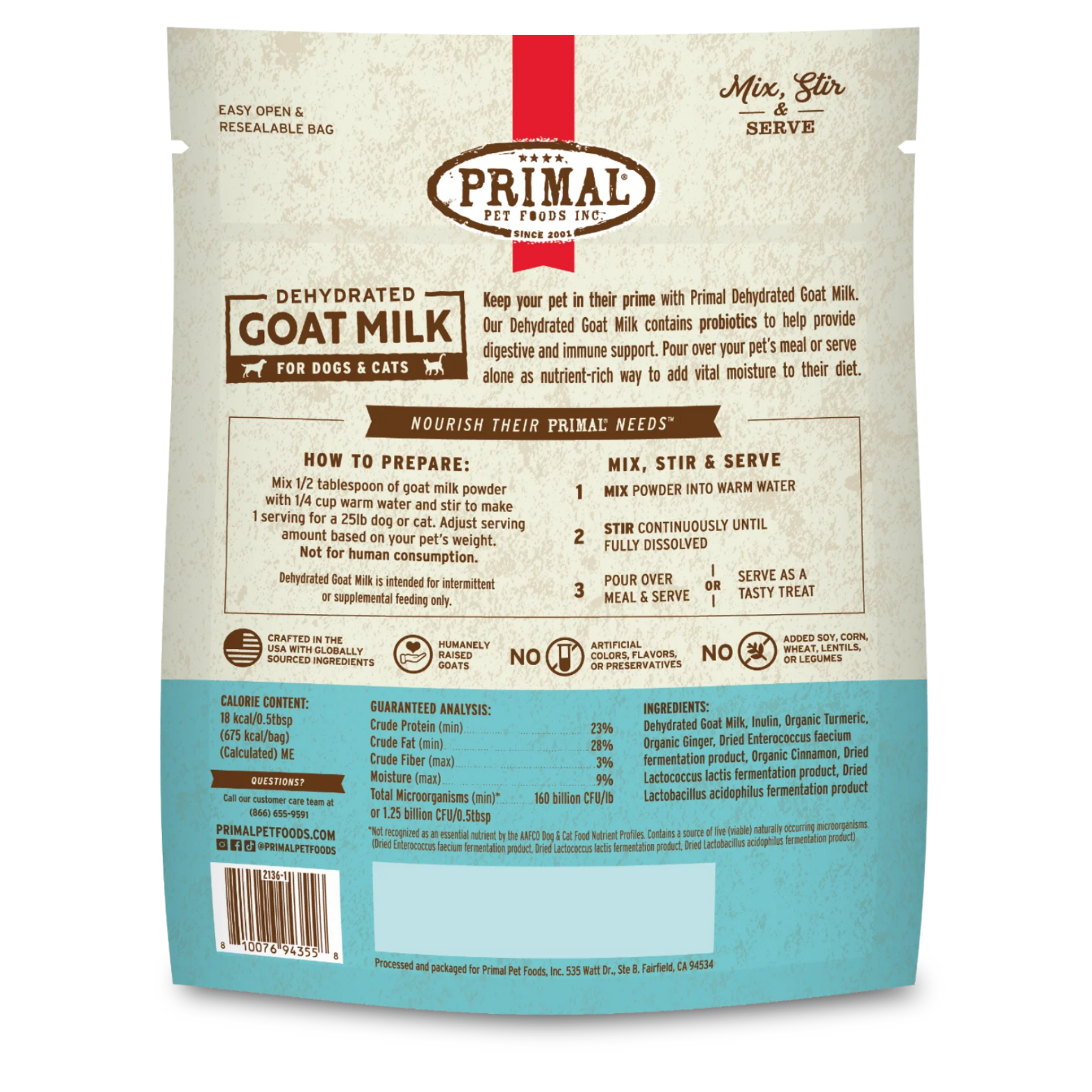 Back of the Primal Freeze-Dried Raw Toppers Beef Recipe package displaying feeding instructions, ingredients list, guaranteed analysis, probiotic information, and preparation steps with a bowl illustration.