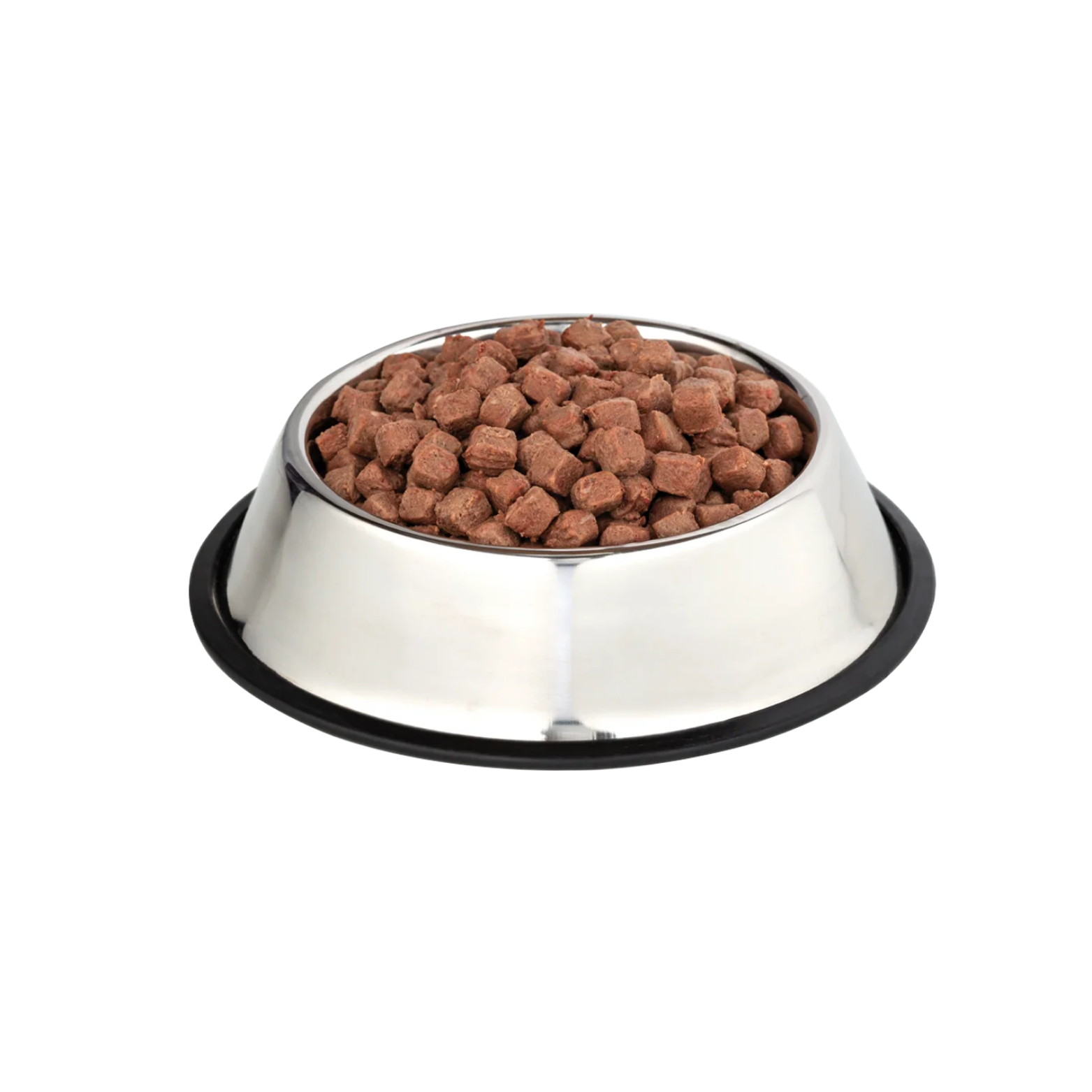 Metal pet food bowl filled with small cube-shaped raw lamb topper pieces against a black background, showing the texture and portion size of the product.