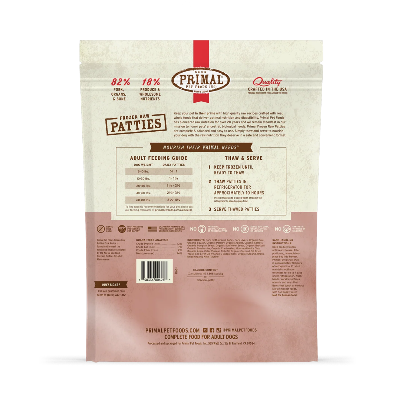 Back of the Primal Frozen Raw Patties Pork Recipe bag displaying feeding guidelines, thawing instructions, ingredients, guaranteed analysis, and product information.