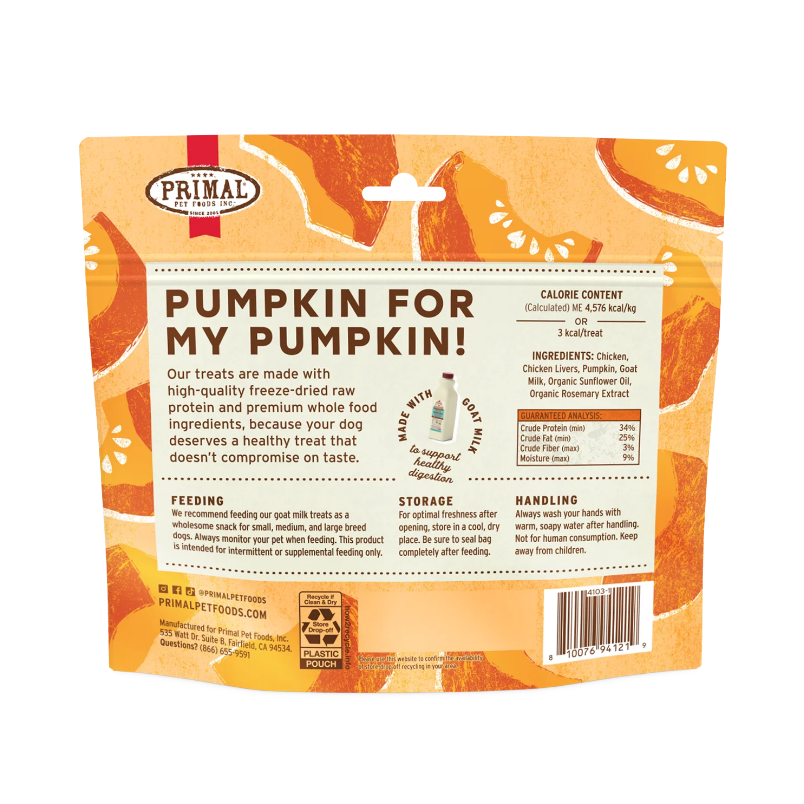 The back of the treat bag detailing nutritional and storage information. It includes a "Guaranteed Analysis" table, a short ingredient list, and feeding instructions specifying it is for "intermittent or supplemental feeding only." A small graphic of a goat milk bottle is featured in the center with the text "Made with Goat Milk to support healthy digestion."