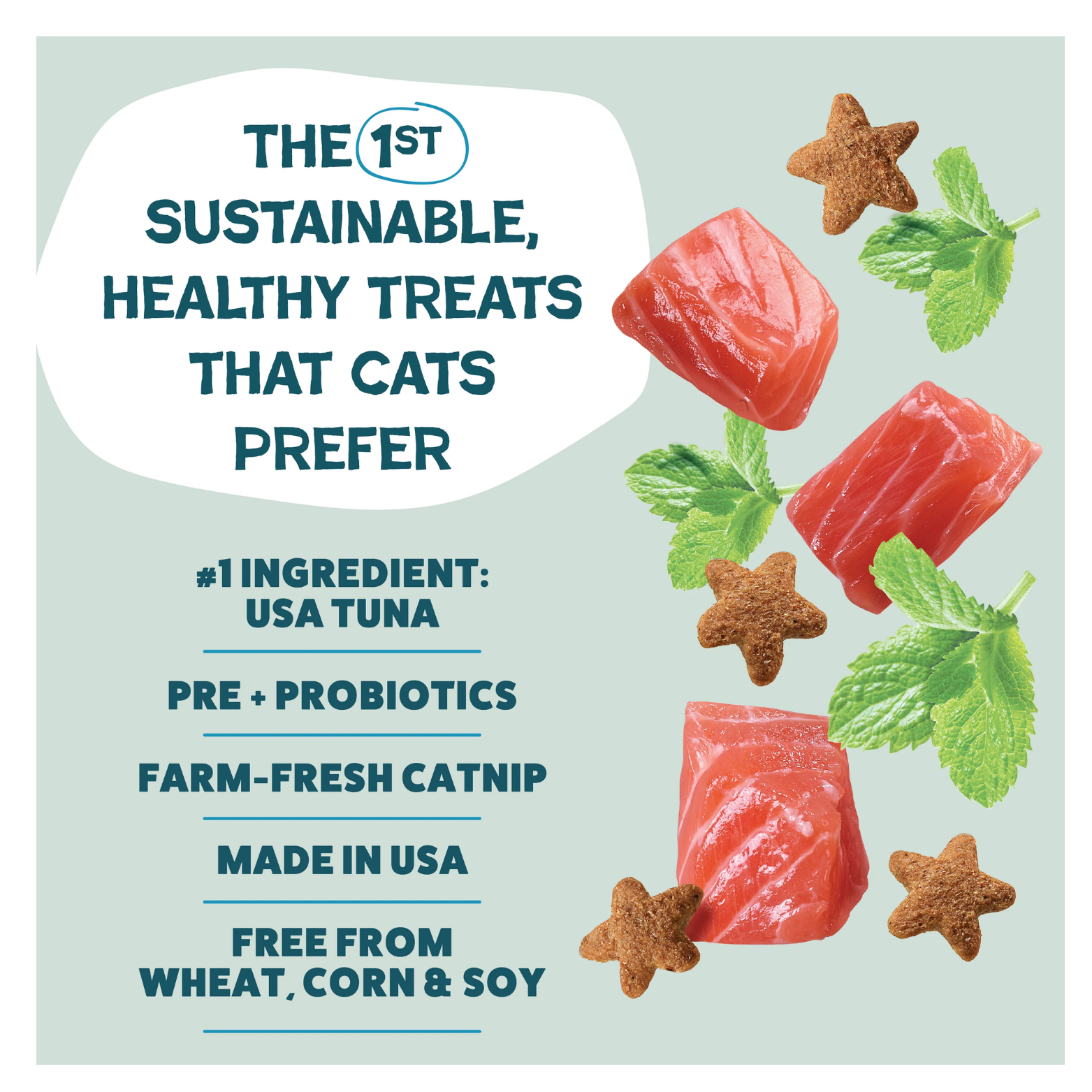 Graphic showing tuna chunks, mint leaves, and star-shaped treats alongside text stating “The 1st sustainable, healthy treats that cats prefer,” with claims including USA tuna as the #1 ingredient, pre- and probiotics, farm-fresh catnip, made in the USA, and free from wheat, corn, and soy.