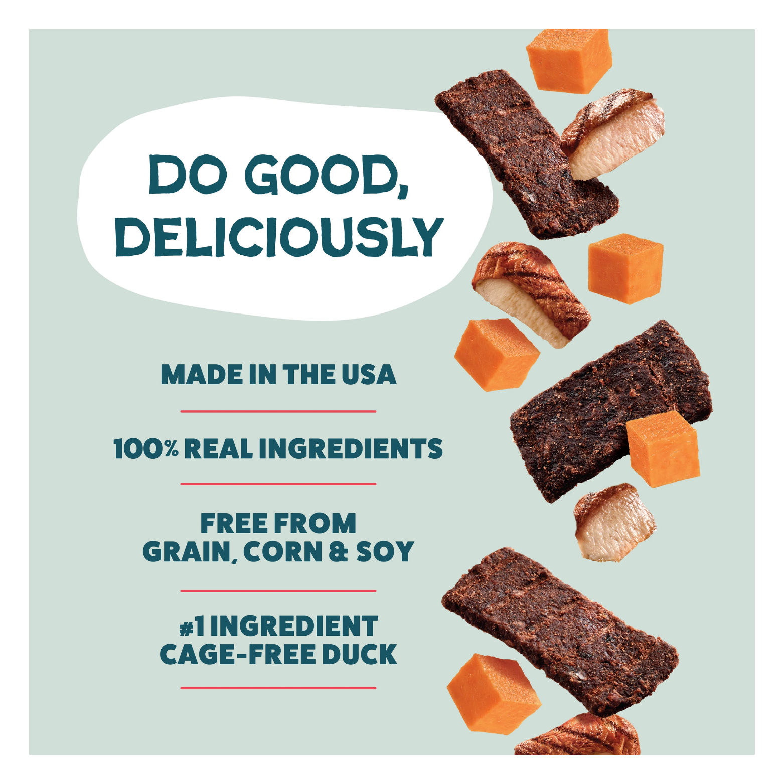 Promotional graphic reading “Do Good, Deliciously,” listing product claims including made in the USA, 100% real ingredients, grain-free, and cage-free duck, alongside floating jerky pieces and sweet potato cubes.