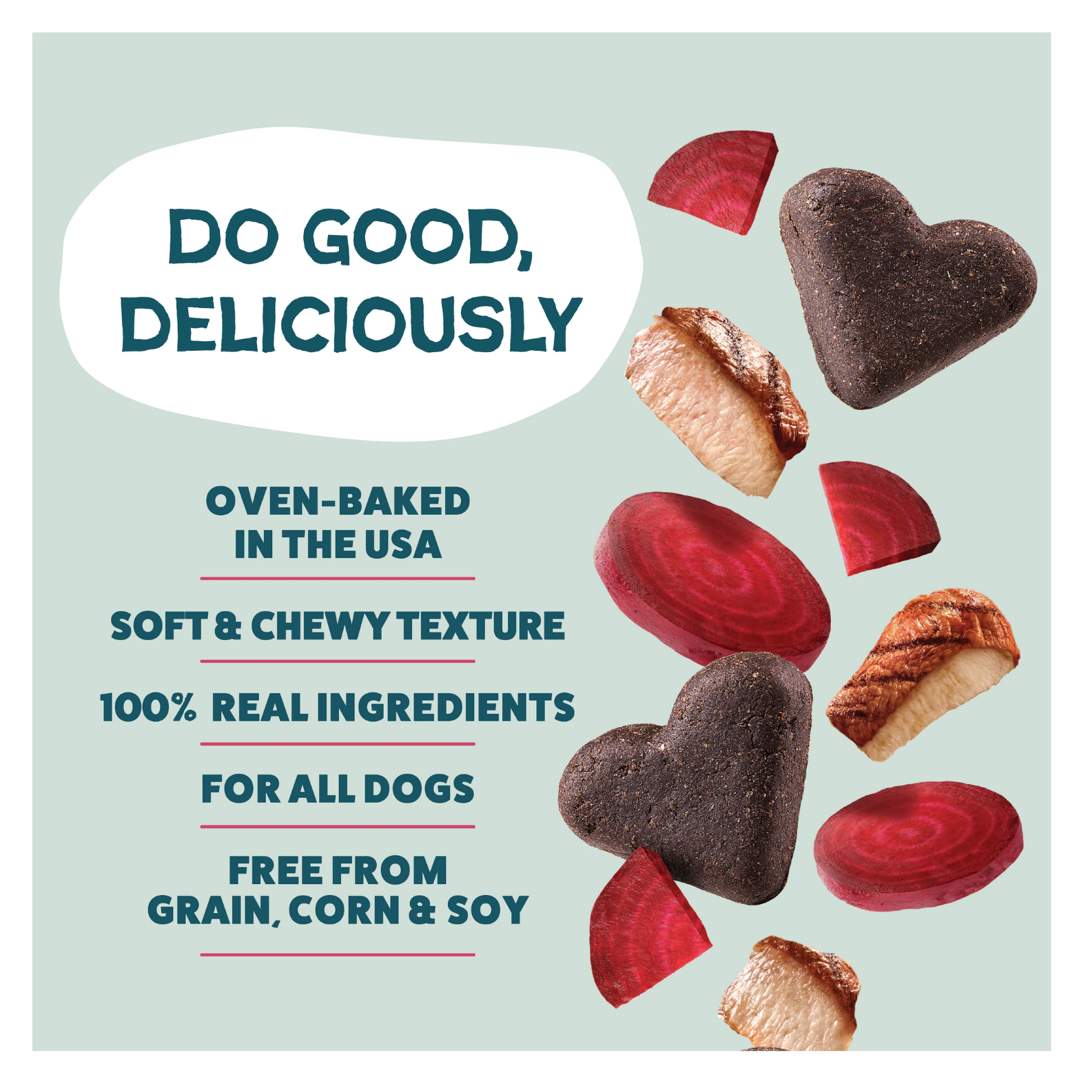 Promotional graphic on a light teal background with the phrase “Do Good, Deliciously,” listing product benefits including oven-baked in the USA, soft and chewy texture, 100% real ingredients, suitable for all dogs, and free from grain, corn, and soy, alongside images of heart-shaped treats, duck pieces, and beet slices.