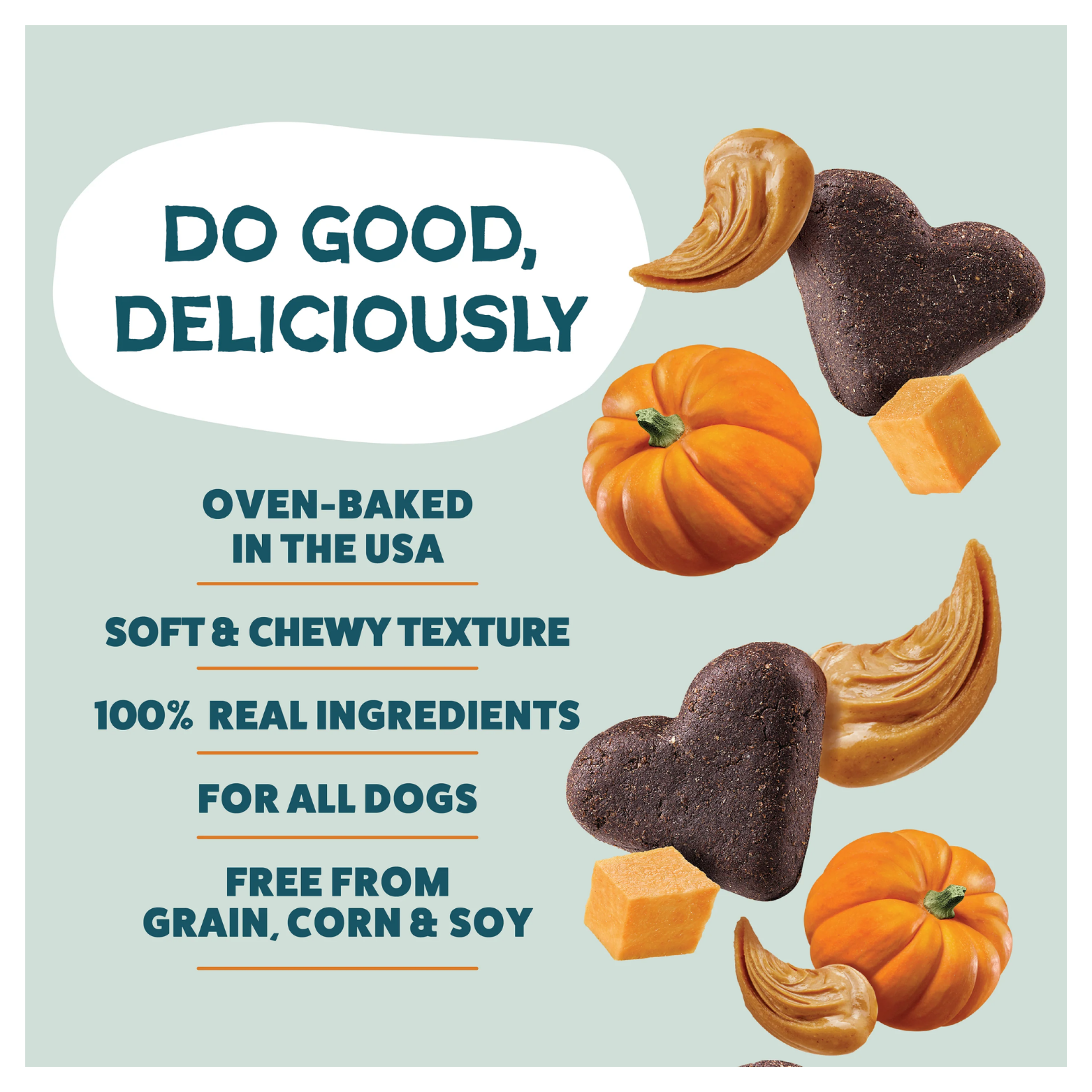 Promotional graphic on a light teal background with the phrase “Do Good, Deliciously,” listing product benefits including oven-baked in the USA, soft and chewy texture, 100% real ingredients, suitable for all dogs, and free from grain, corn, and soy, alongside images of heart-shaped treats, pumpkins, pumpkin cubes, and peanut butter.