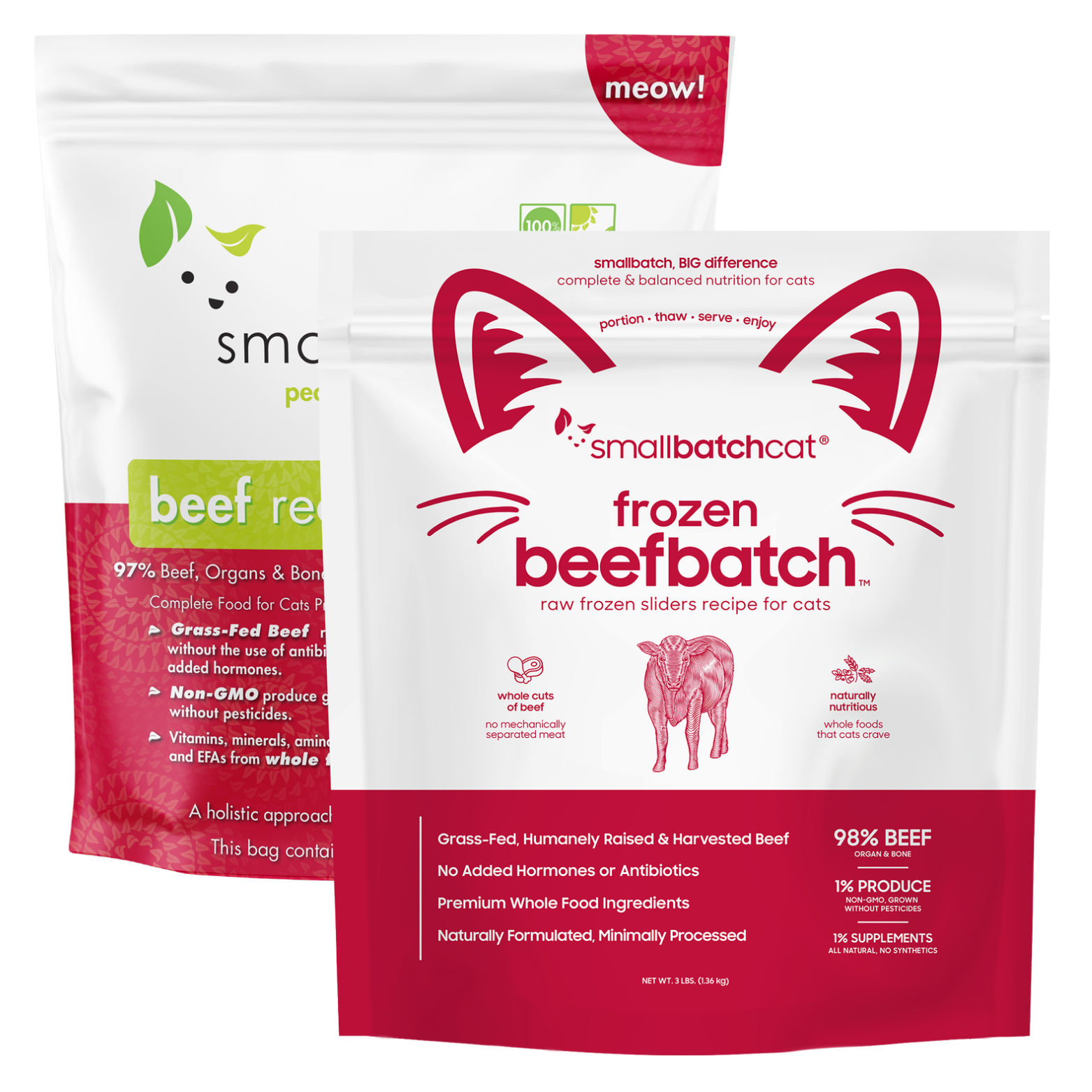 Two Smallbatchcat frozen raw cat food bags shown together, with beefbatch packaging in front and beef recipe sliders bag partially visible behind.