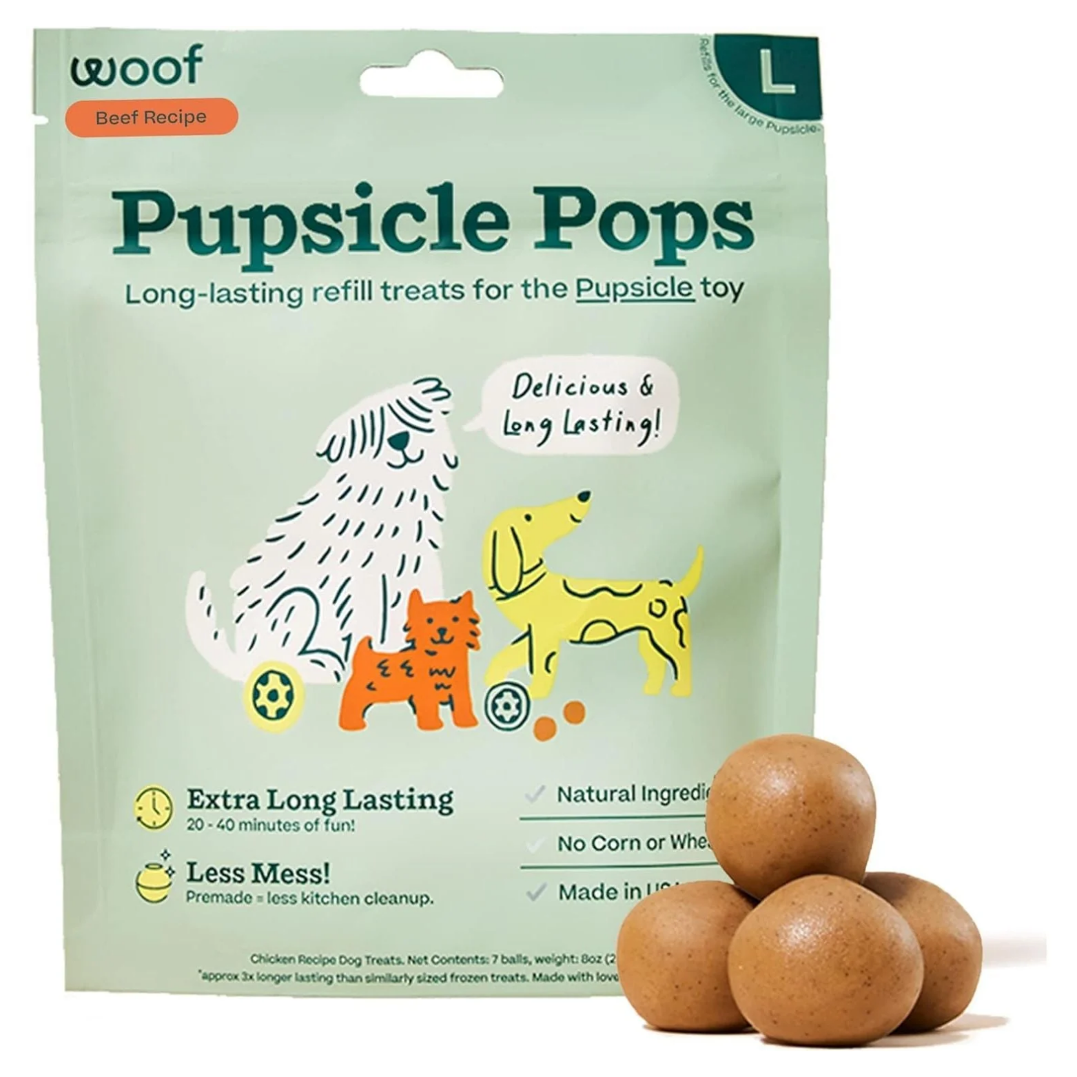 Woof Pupsicle Pops dog treats package, large size (L), beef recipe. Light green resealable bag with playful dog illustrations and product benefits shown. Three brown, spherical Pupsicle treat balls displayed in front.