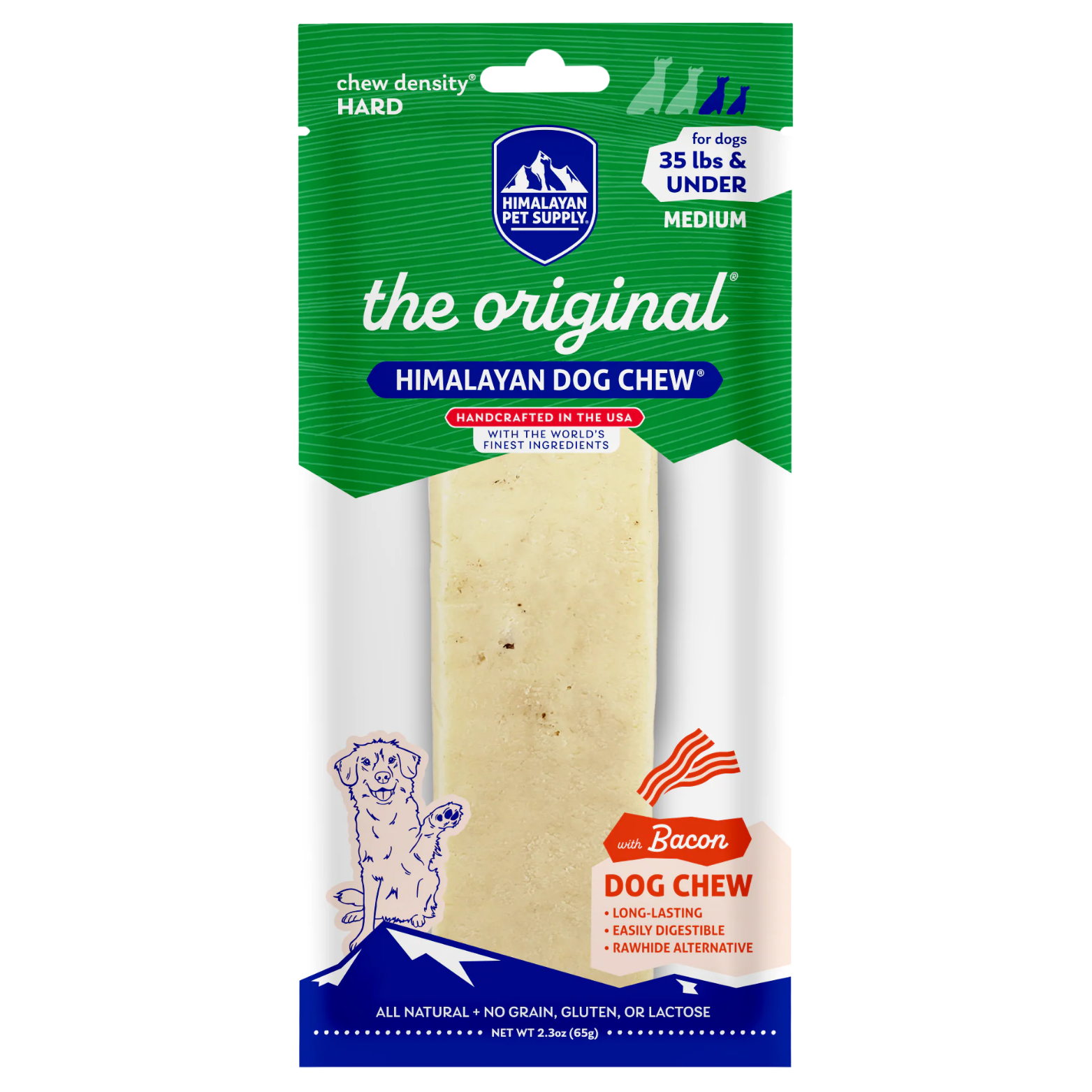 Front of Himalayan Pet Supply “The Original Himalayan Dog Chew” with bacon for medium dogs (35 lbs and under). Green packaging shows a single cheese chew, hard chew density label, bacon flavor icon, and all-natural, rawhide-free claims.