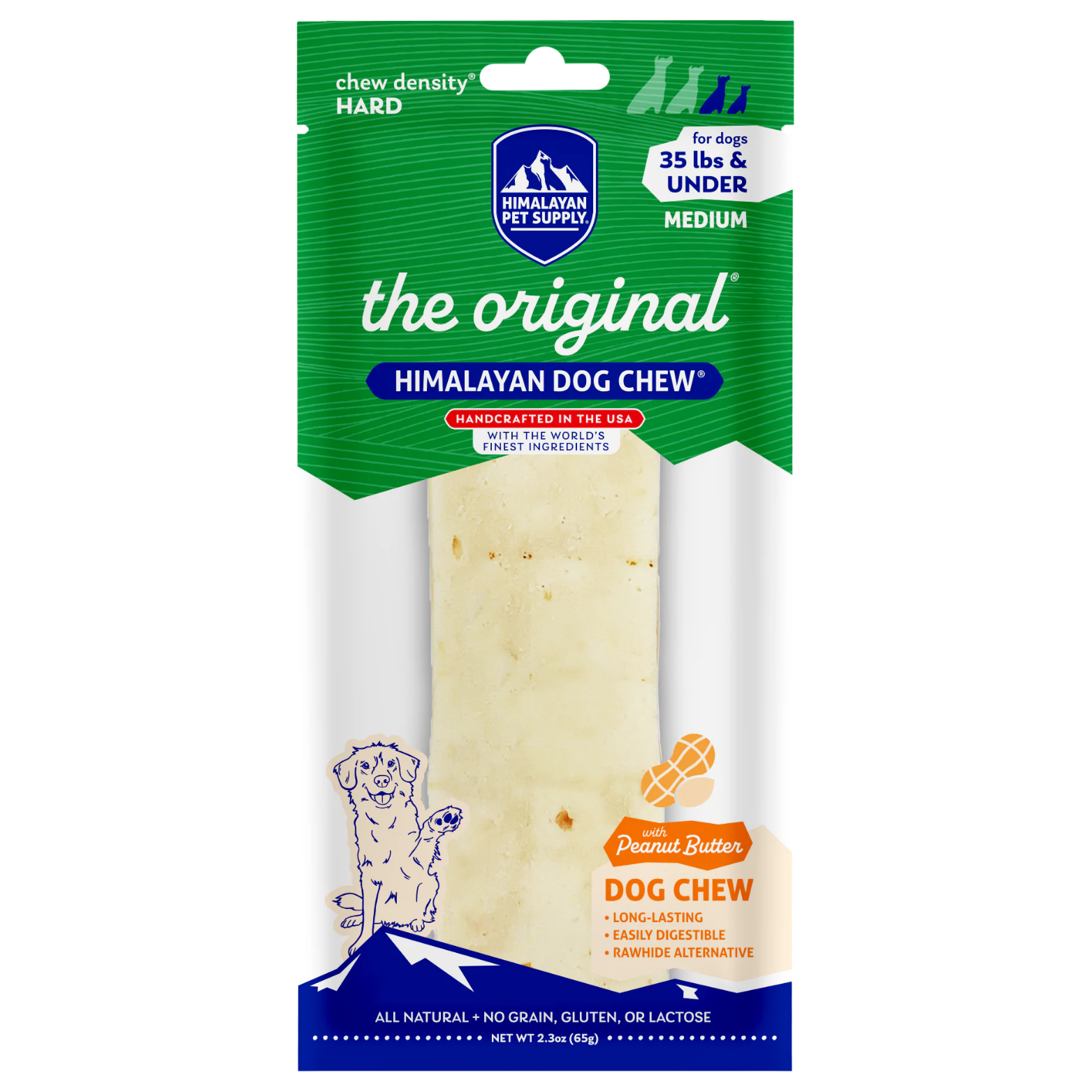 Front of Himalayan Pet Supply “The Original Himalayan Dog Chew” with peanut butter for medium dogs (35 lbs and under). Green packaging shows a single cheese chew, hard chew density label, peanut butter icon, and all-natural, rawhide-free claims.