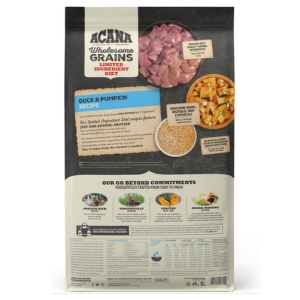 Back of ACANA Wholesome Grains Duck & Pumpkin Recipe dry dog food bag showing ingredient highlights, feeding guidelines, nutritional information, and brand commitments.
