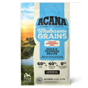 Front of ACANA Wholesome Grains Duck & Pumpkin Recipe dry dog food bag labeled “Limited Ingredient,” featuring countryside artwork and icons showing 60% animal ingredients, 40% wholesome grains and vegetables, and 0% added artificial ingredients.