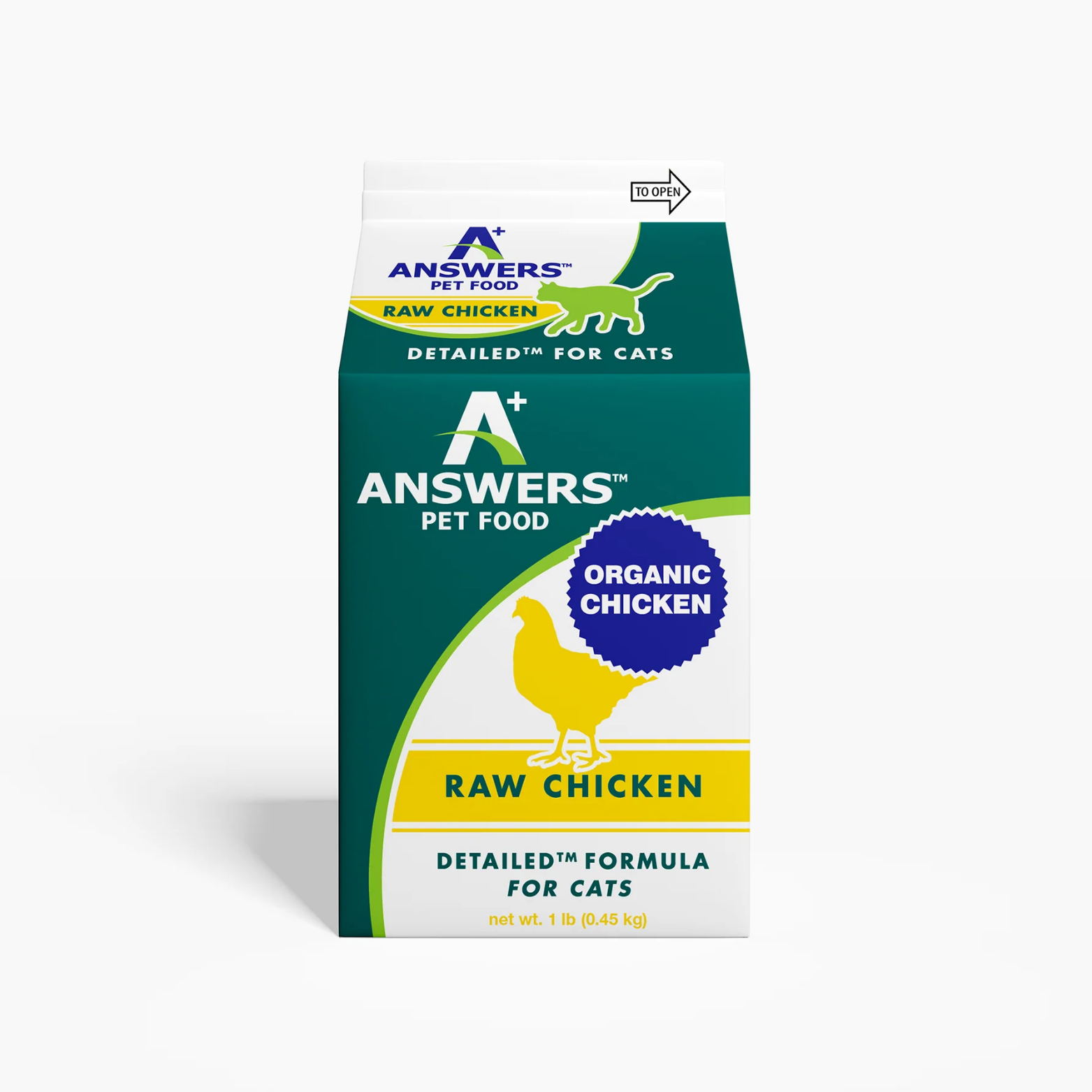 Front view of a green and white carton of Answers Pet Food raw organic chicken detailed formula for cats. The packaging features the Answers Pet Food logo, a yellow chicken graphic, and text indicating “Raw Chicken,” “Detailed Formula for Cats,” and a net weight of 1 pound.