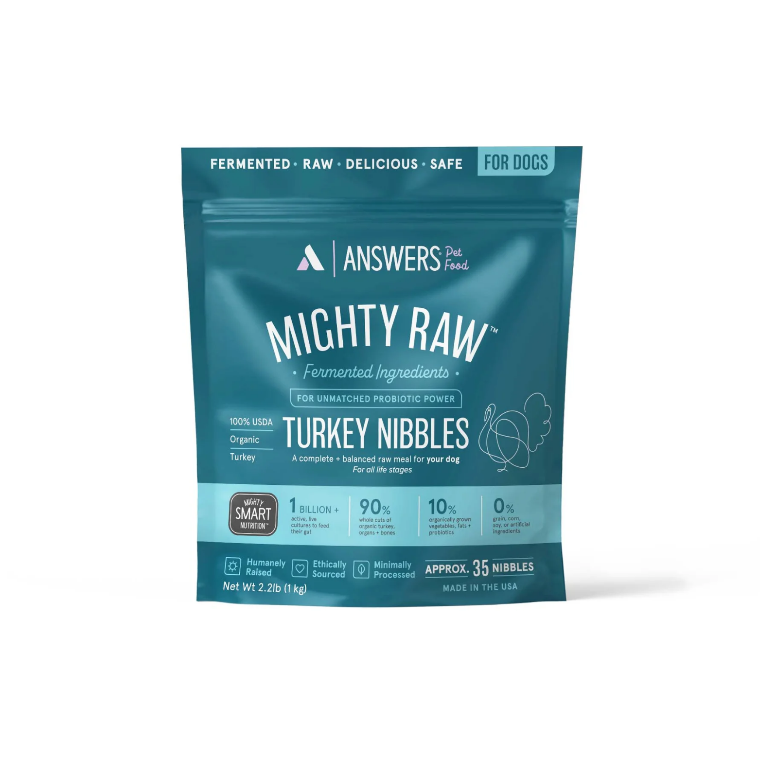 Front view of a teal package of Answers Pet Food Mighty Raw fermented turkey nibbles for dogs. The packaging highlights probiotic power, organic turkey, minimal processing, and U.S. production, and indicates approximately 35 nibbles with a net weight of 2.2 pounds.