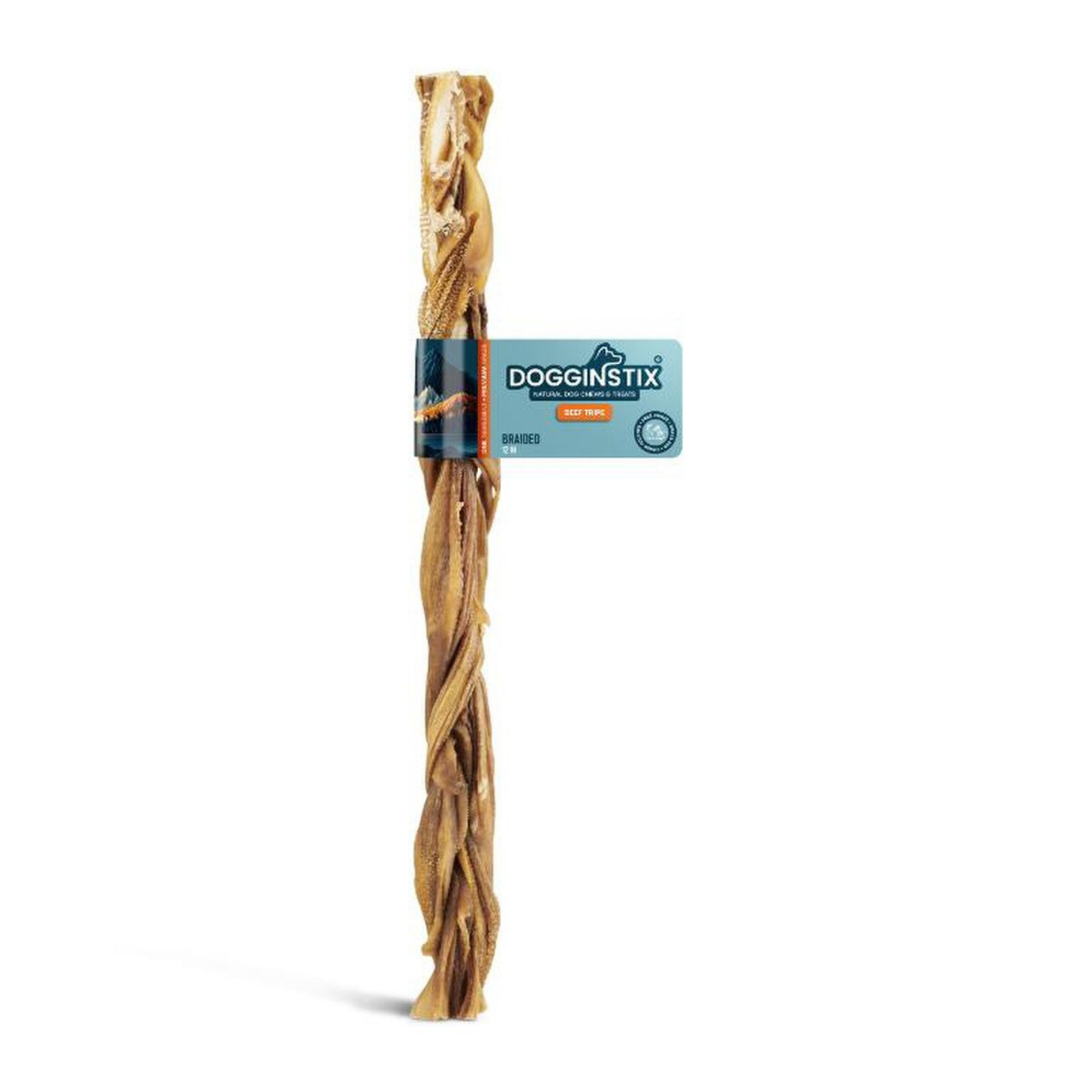Dogginstix braided beef tripe dog chew in retail packaging, displayed upright on a white background. The chew features thick, twisted beef tripe strands and represents the 12-inch size option.