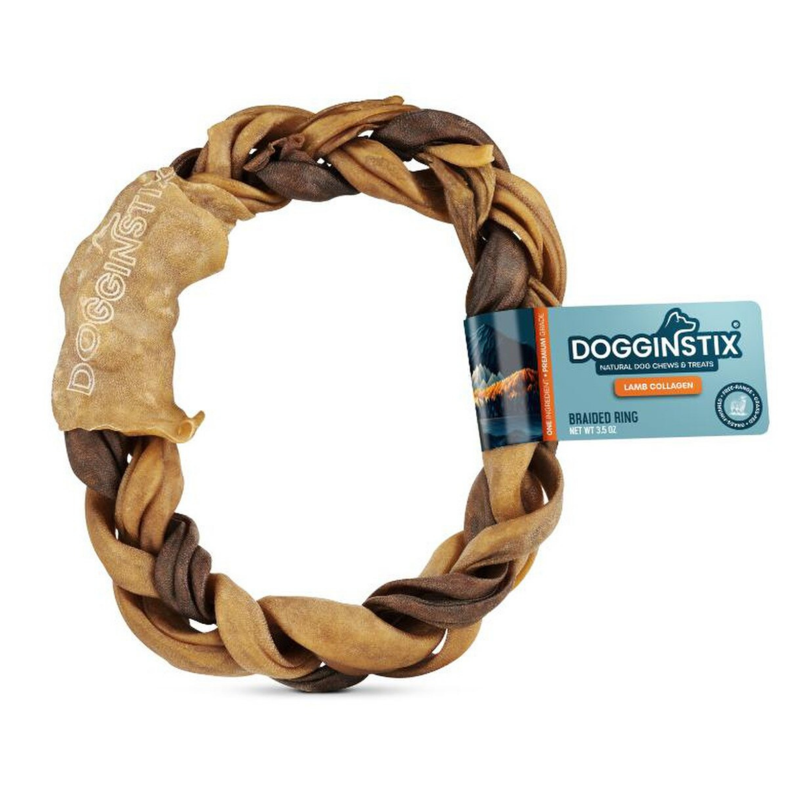 Braided ring-shaped dog chew made from light and dark strips of lamb collagen, twisted into a circular loop with a Dogginstix product label attached, shown on a white background.
