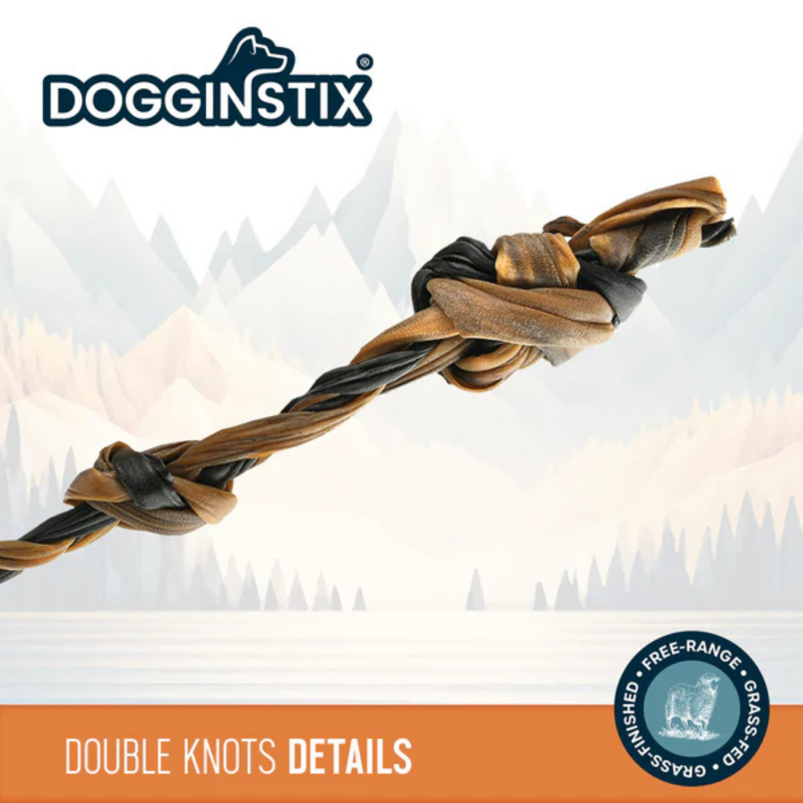 Dogginstix braided chew with double knots shown horizontally against a stylized outdoor background, highlighting the chew’s texture, thickness, and durability.