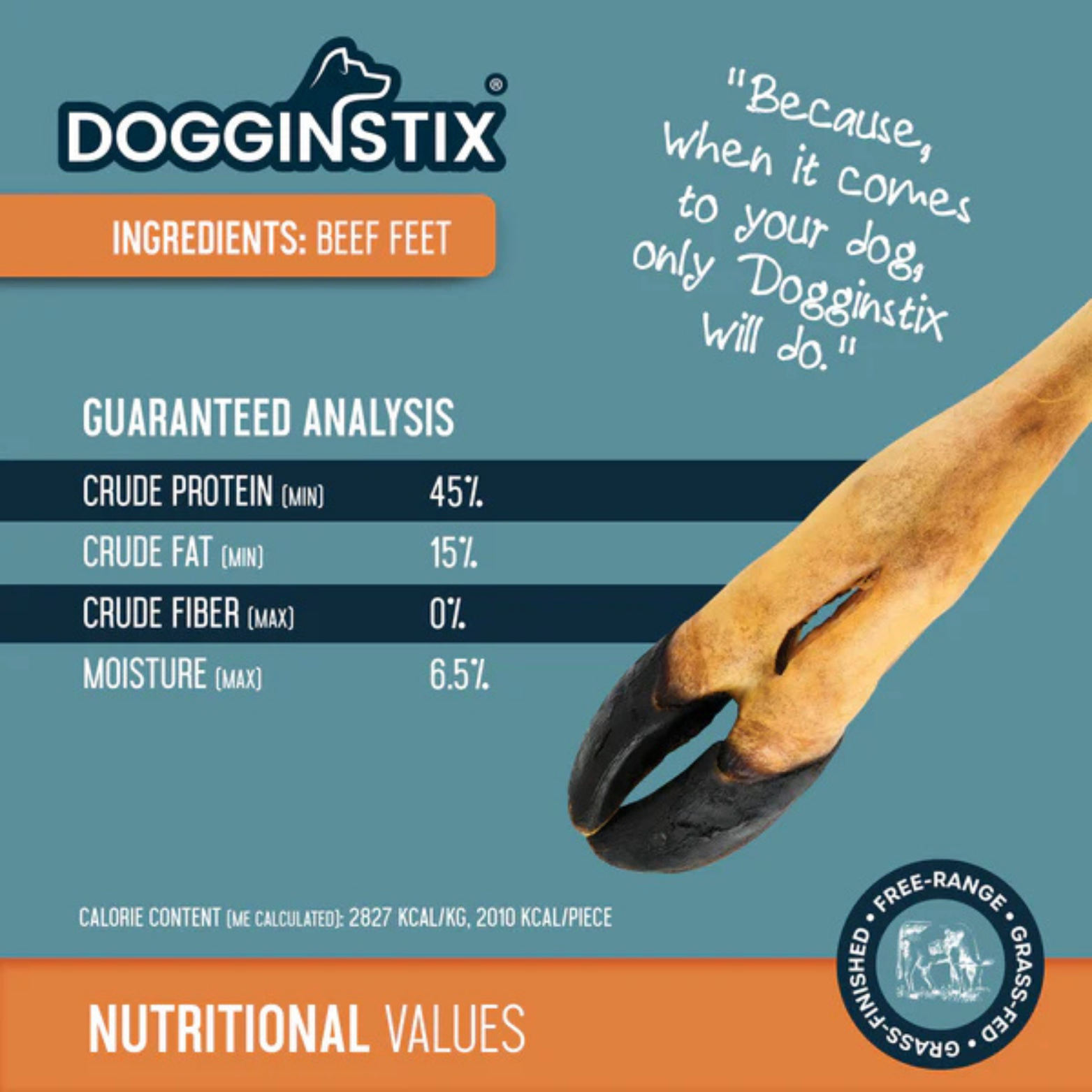 Dogginstix product graphic showing a beef foot chew with text listing ingredients as beef feet and guaranteed analysis, including protein, fat, fiber, moisture, and calorie content.