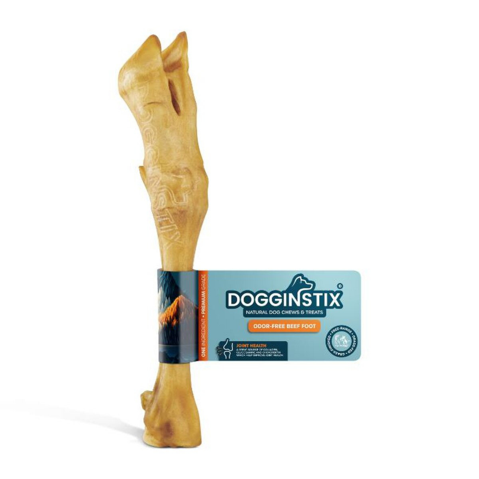 Dogginstix odor-free lamb foot dog chew standing upright, natural tan color, with branded blue and orange paper label wrapped around the center.