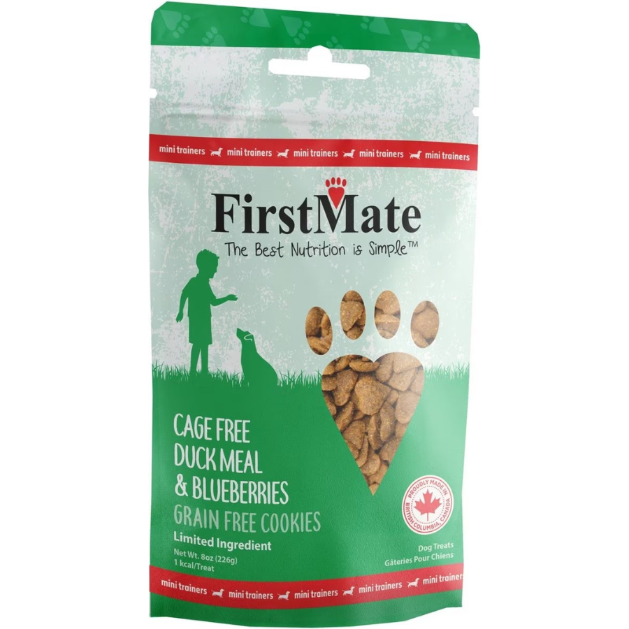 FirstMate Cage Free Duck & Blueberry Mini Trainers Dog Treats, 8 oz
