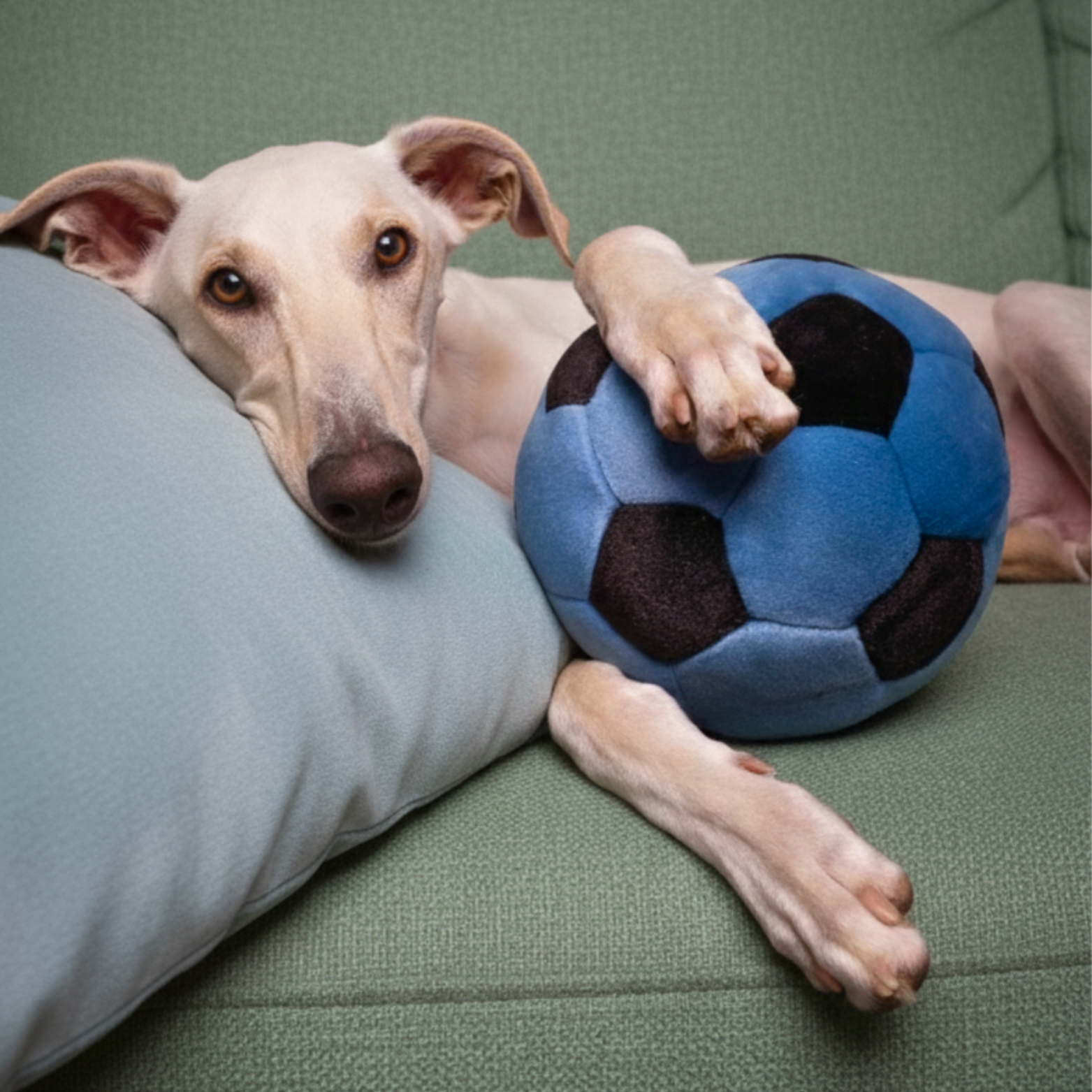 Dog lying on a couch with a blue and black plush soccer ball dog toy