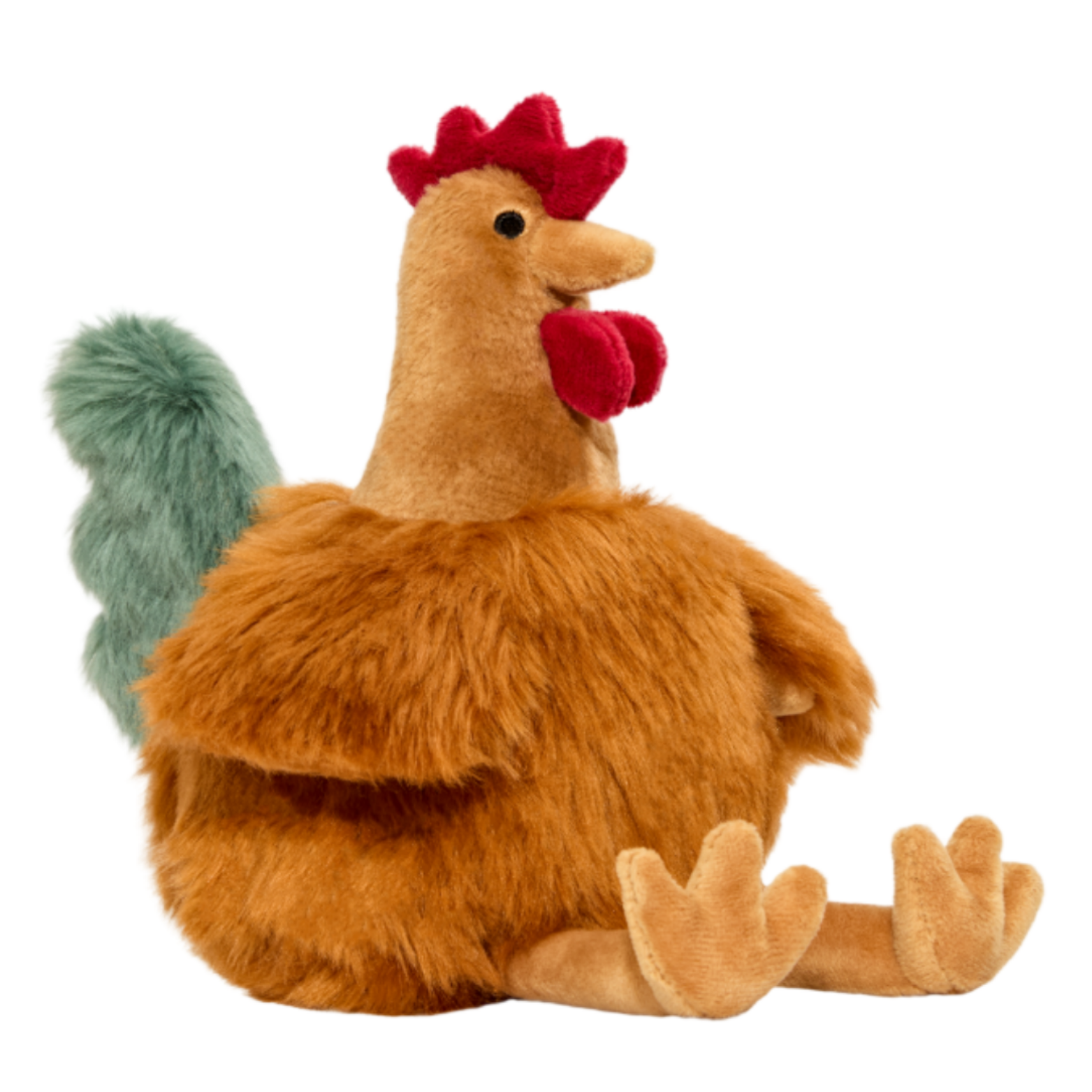 Plush Fluff & Tuff rooster dog toy with a red comb on a white background