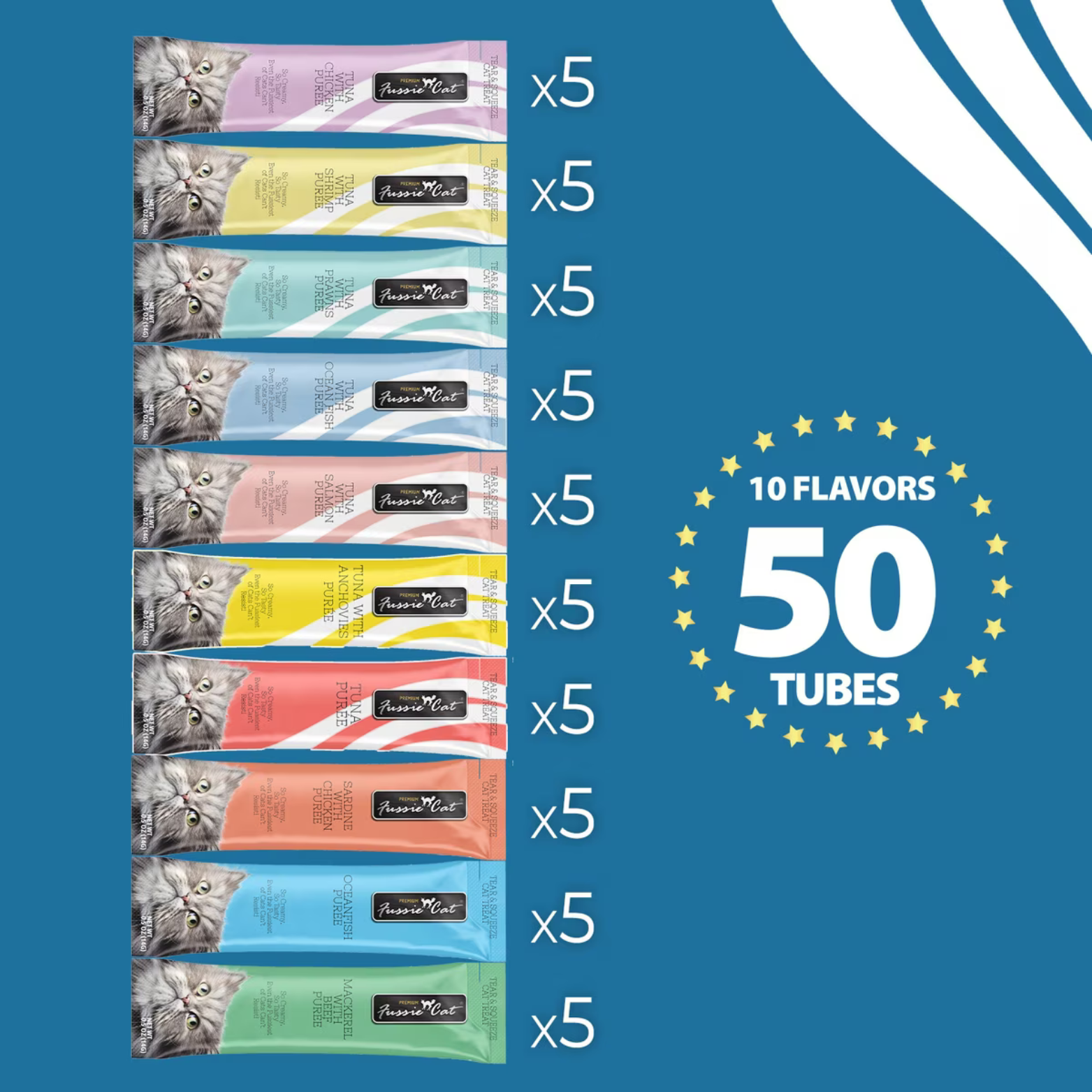 Fussie Cat Puree Cat Treats Ocean Fish Variety Pack, 50 count