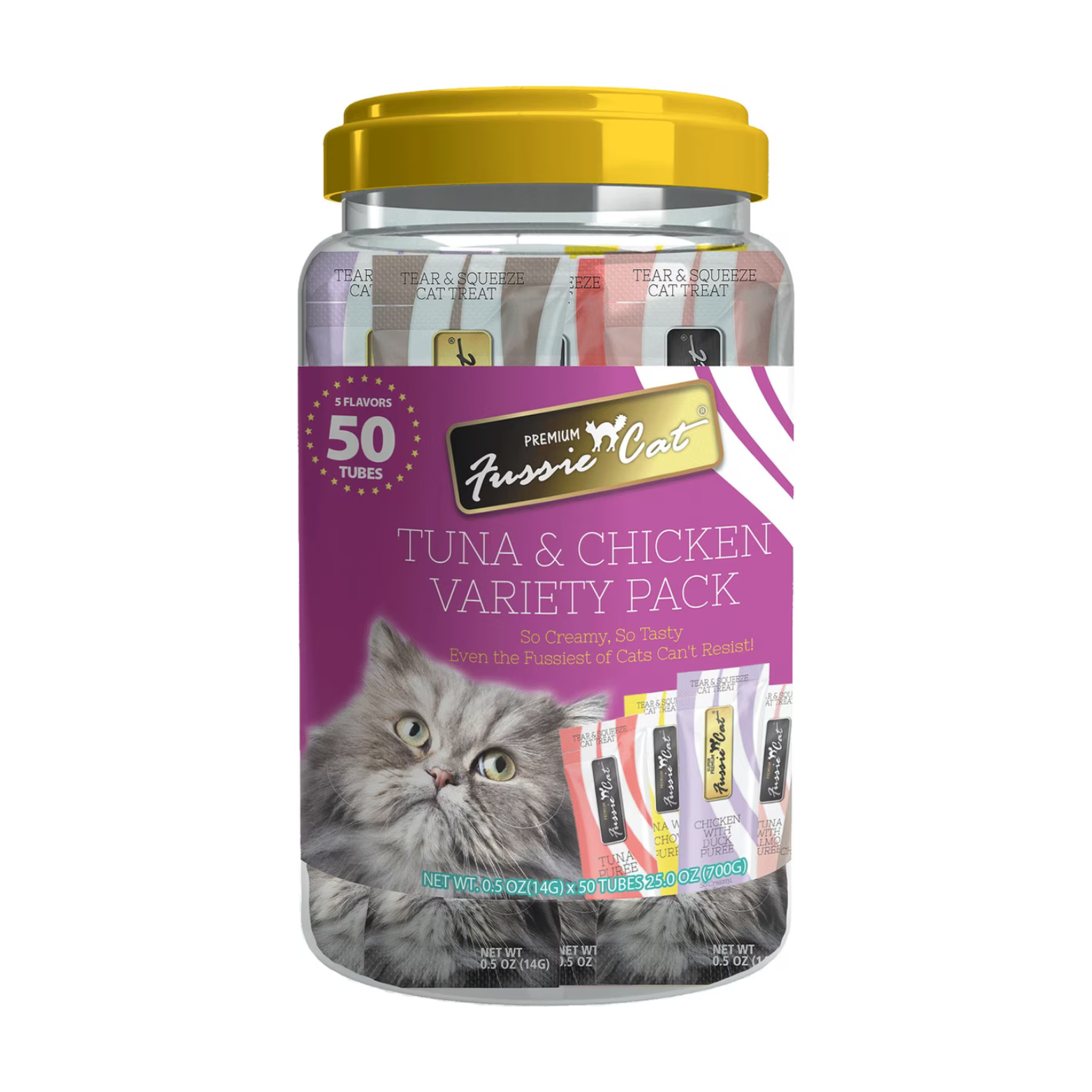 Fussie Cat Puree Cat Treats Tuna & Chicken Variety Pack, 5 Flavors - 50 count