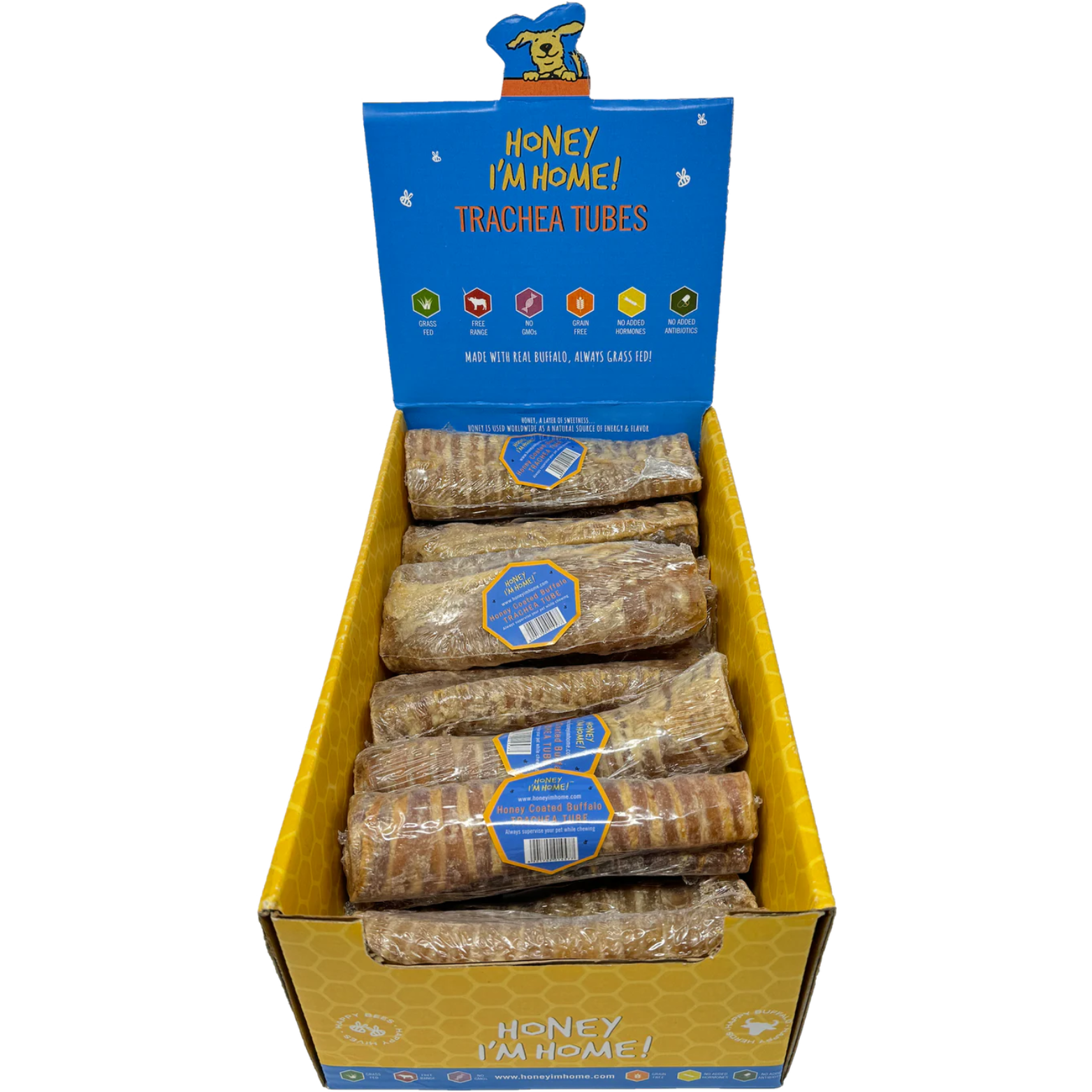 Honey I'm Home Buffalo Trachea Tubes Natural Honey Coated Chews Grain-Free Dog Treats Bulk 6"