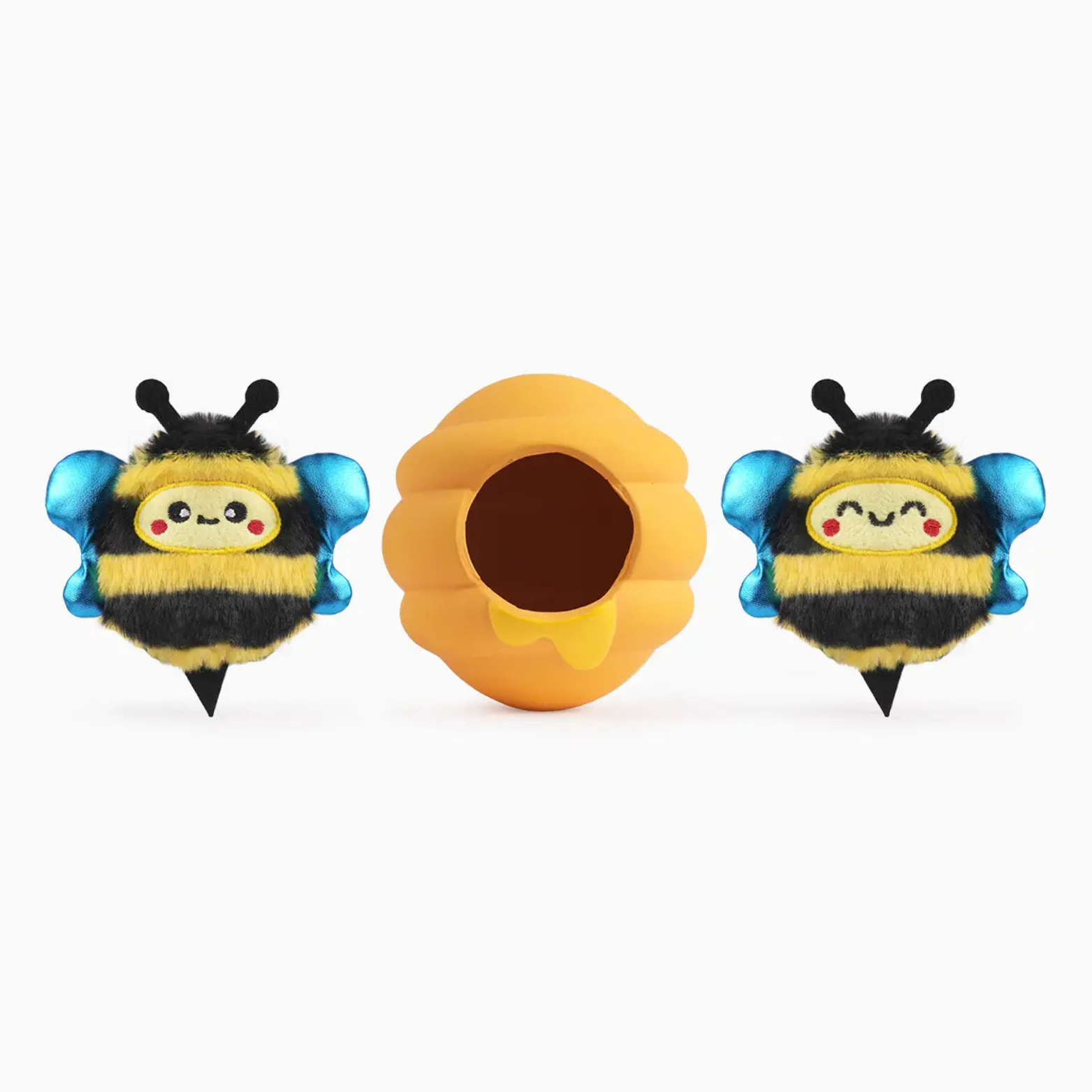 Two plush bee toys with a sunflower on a white background