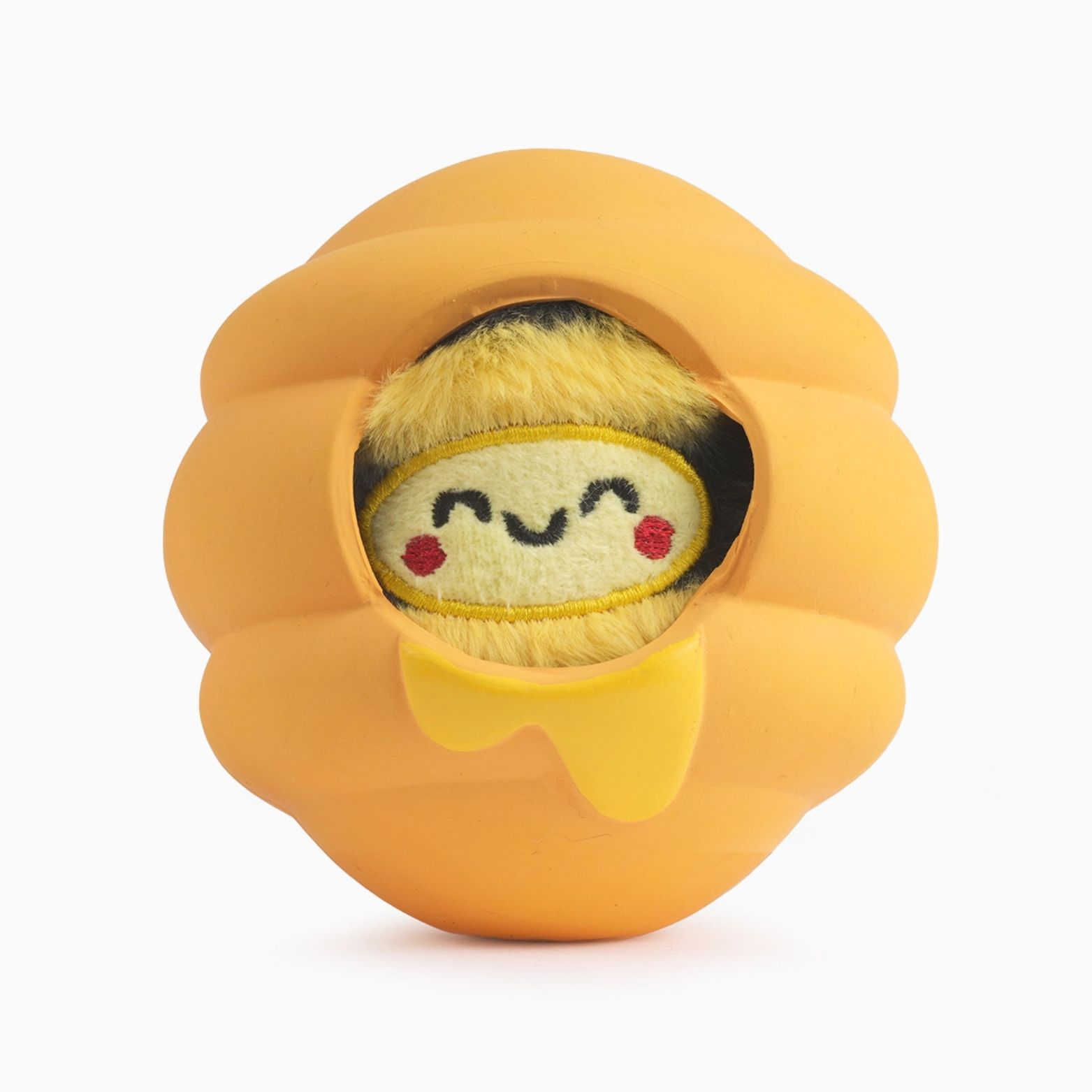 Plush toy resembling a bee inside a yellow flower on a white background