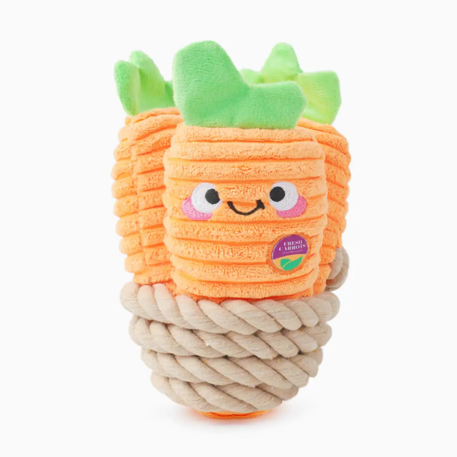 Plush pineapple toy with a rope on a white background